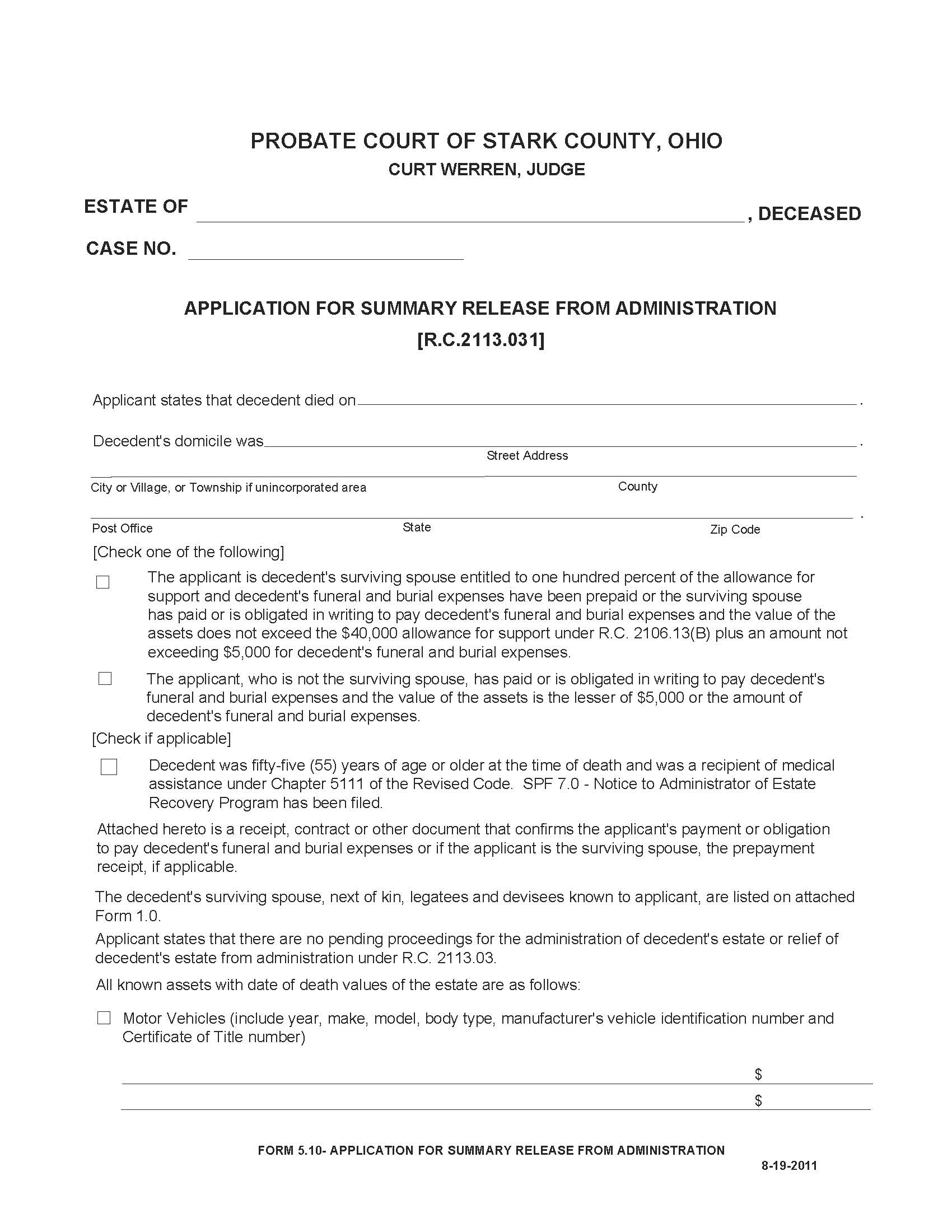 Application For Summary Release From Administration {5.10} | Pdf Fpdf Doc Docx | Ohio