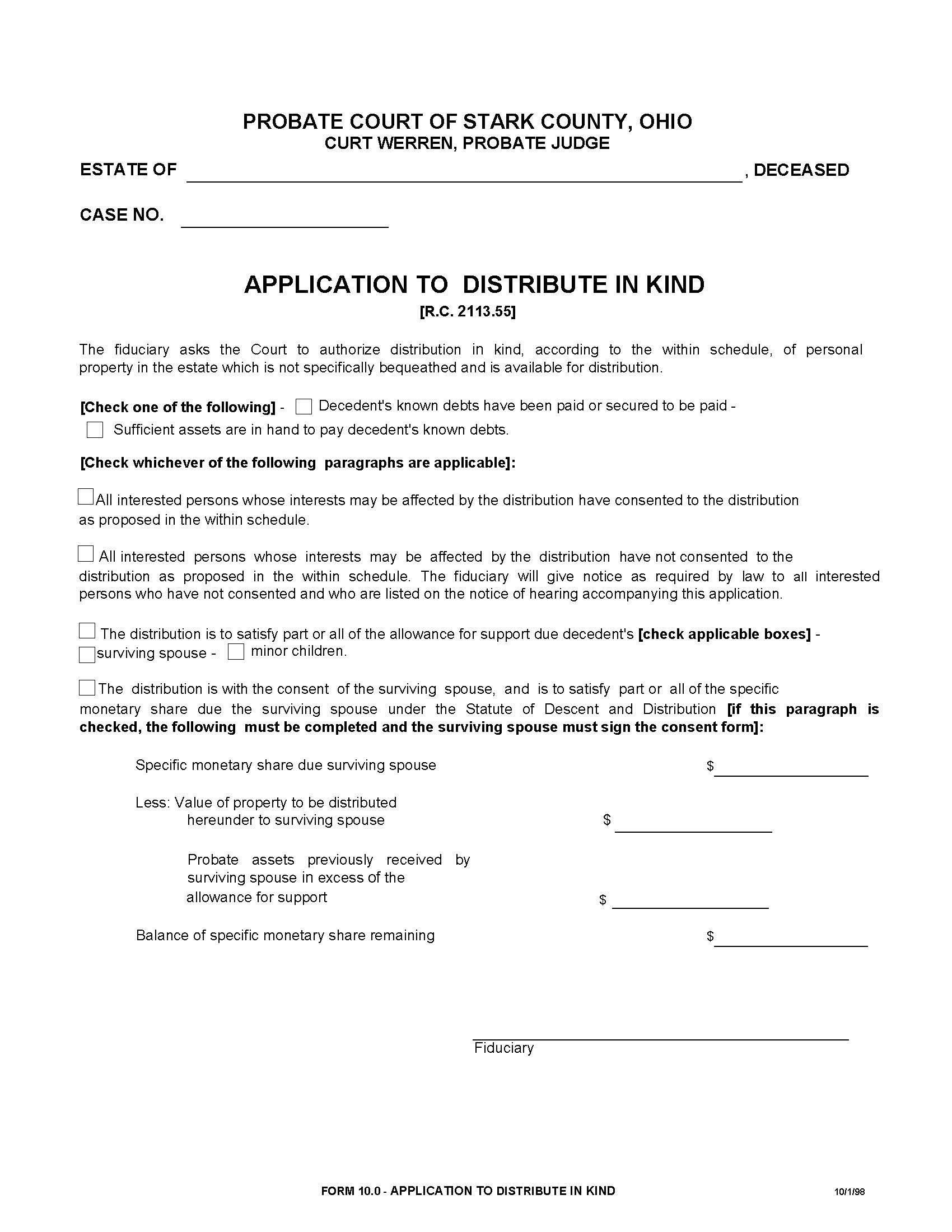 Application To Distribute In Kind {10.0} | Pdf Fpdf Doc Docx | Ohio