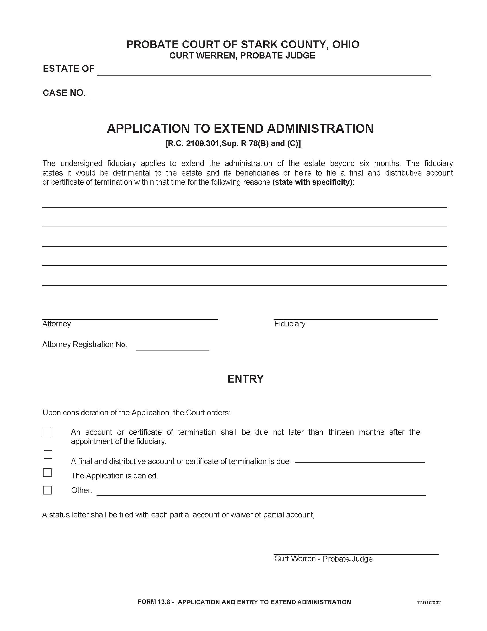 Application To Extend Administration {13.8} | Pdf Fpdf Doc Docx | Ohio