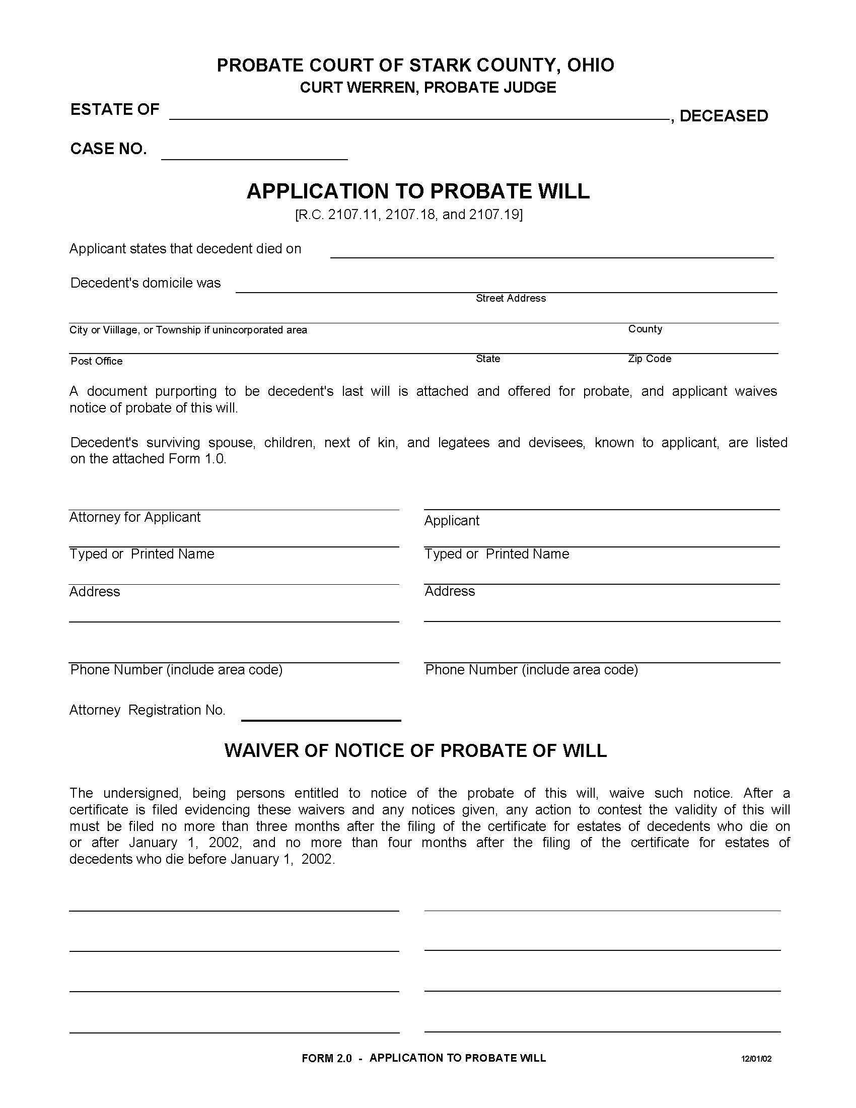 Application To Probate Will {2.0} | Pdf Fpdf Doc Docx | Ohio