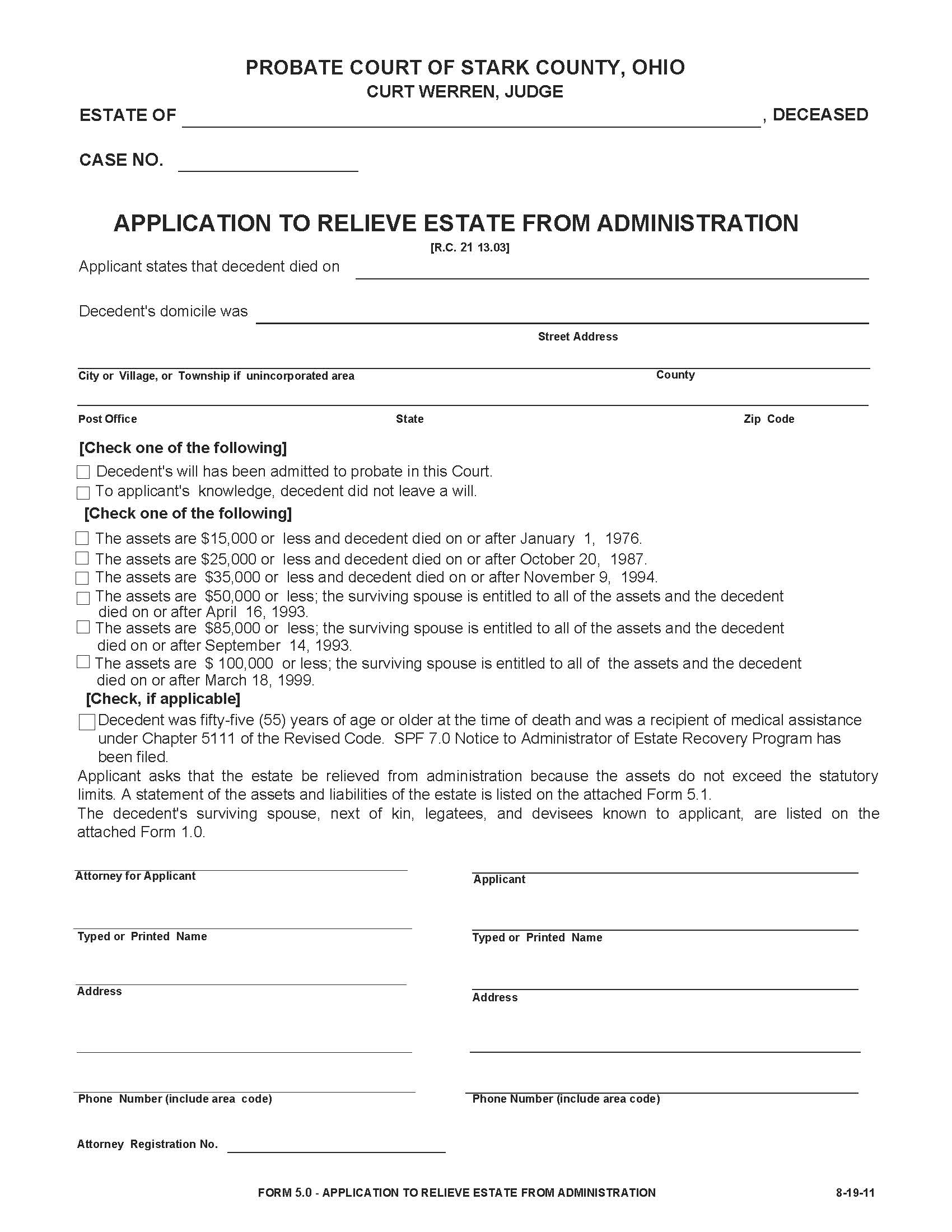Application To Relieve Estate From Administration {5.0} | Pdf Fpdf Doc Docx | Ohio