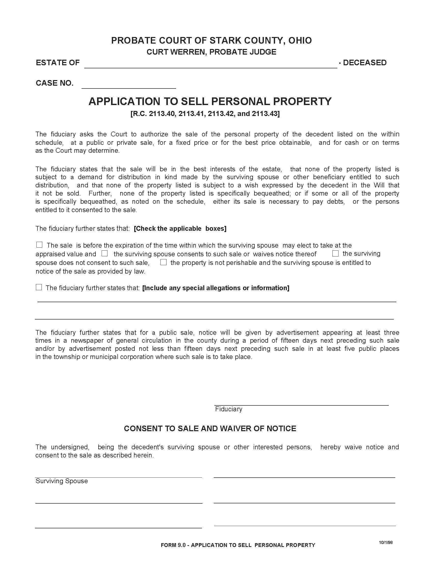 Application To Sell Personal Property {9.0} | Pdf Fpdf Doc Docx | Ohio