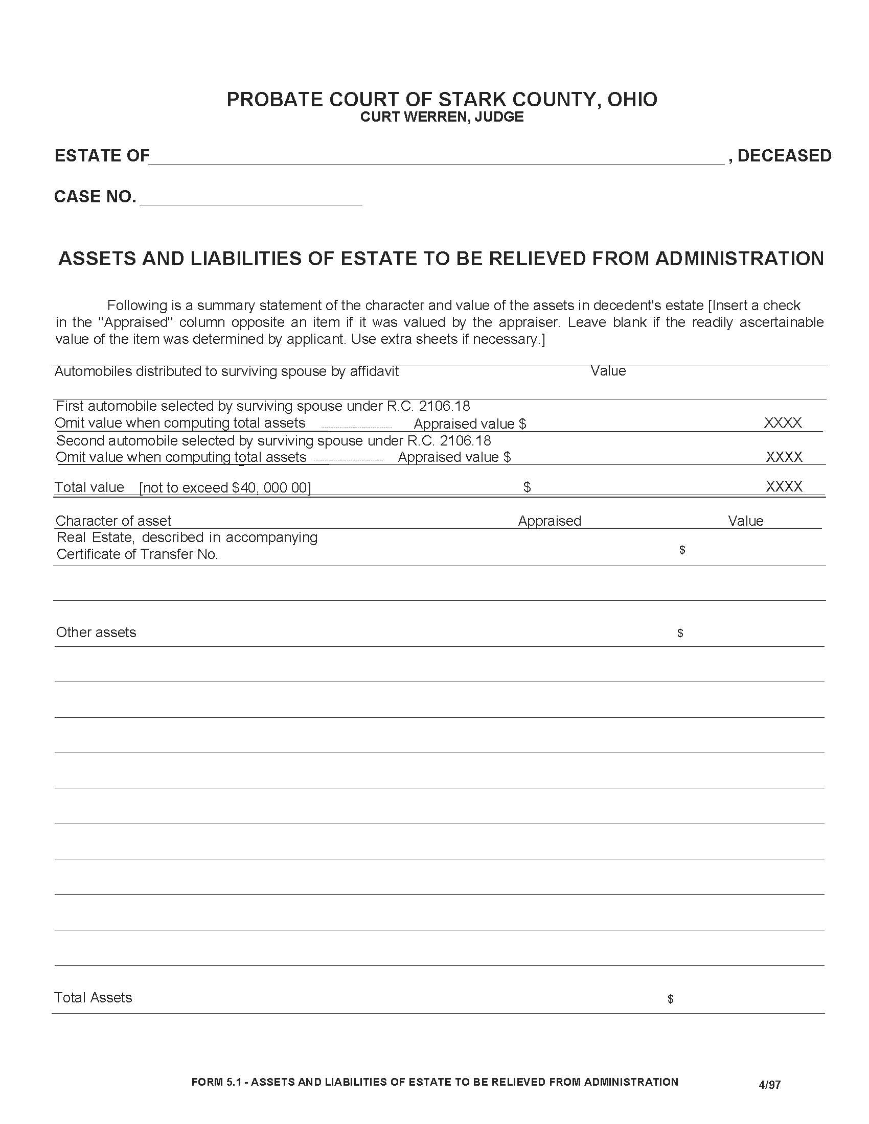 Assets And Liabilities Of Estate To Be Relieved From Administration {5.1} | Pdf Fpdf Doc Docx | Ohio