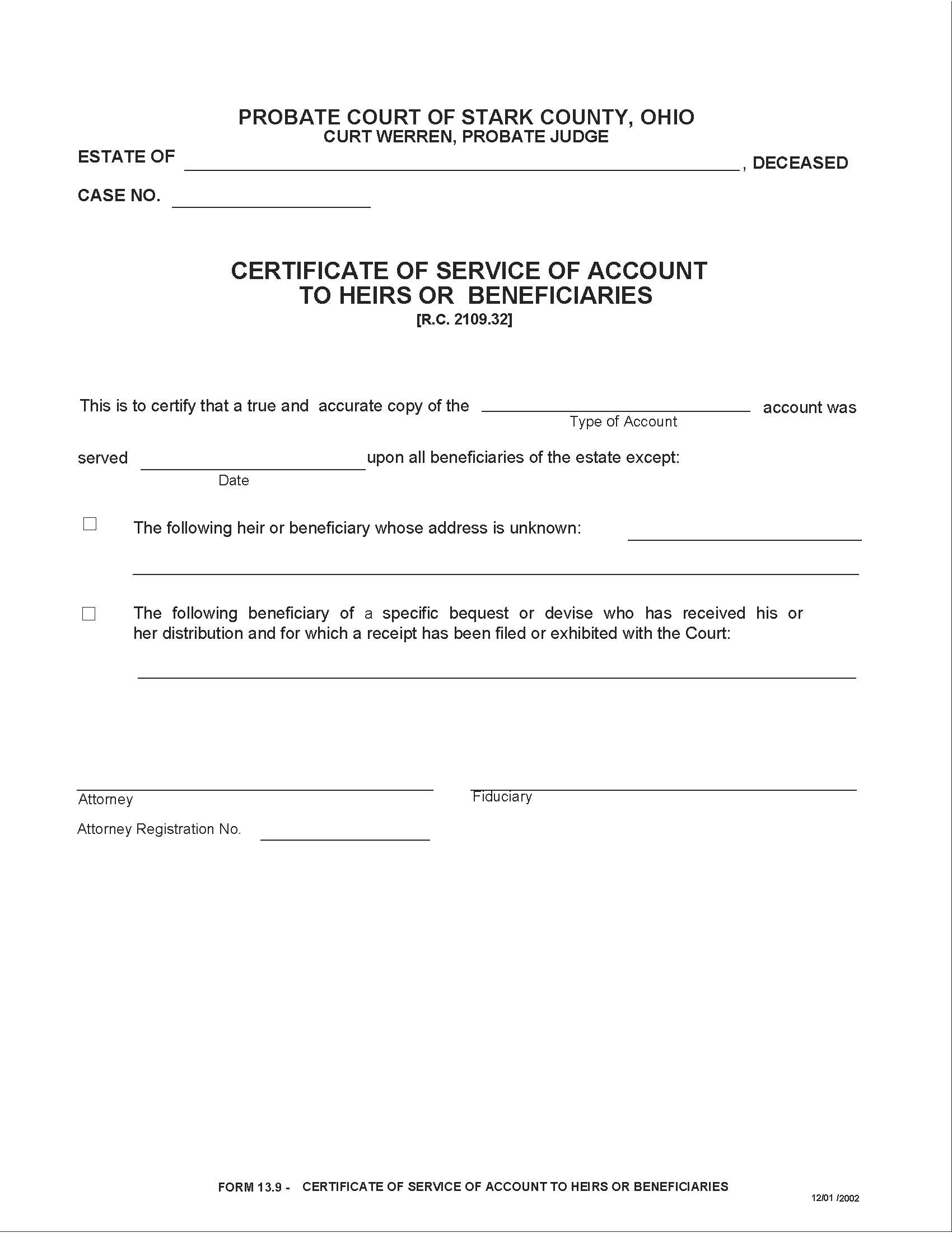 Certificate Of Service Of Account To Heirs Or Beneficiaries {13.9} | Pdf Fpdf Doc Docx | Ohio