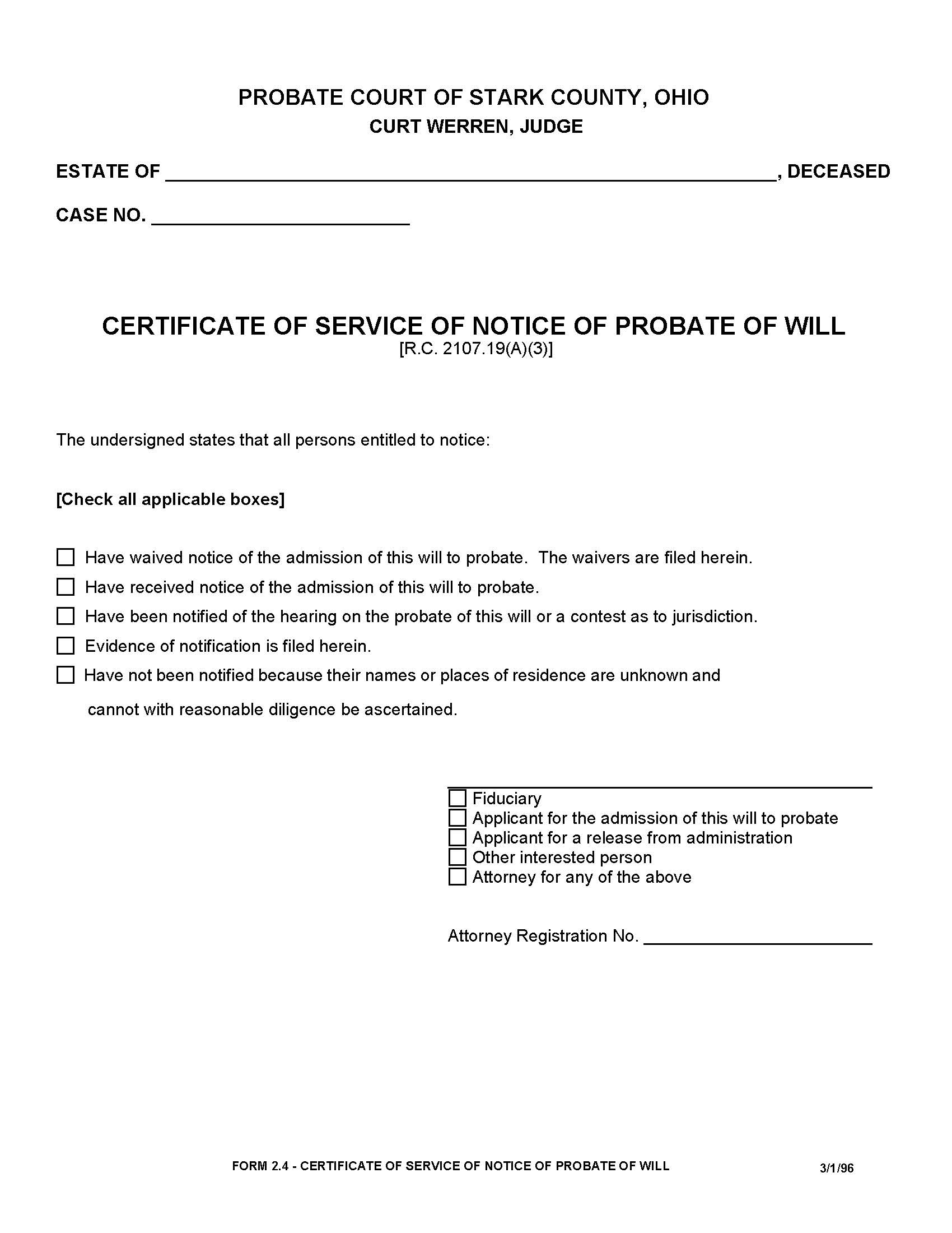 Certificate Of Service Of Notice Of Probate Will {2.4} | Pdf Fpdf Doc Docx | Ohio