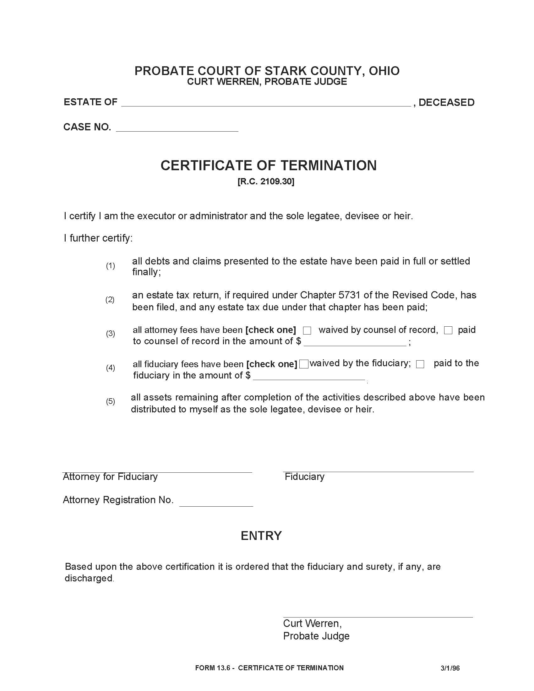 Certificate Of Termination {13.6} | Pdf Fpdf Doc Docx | Ohio