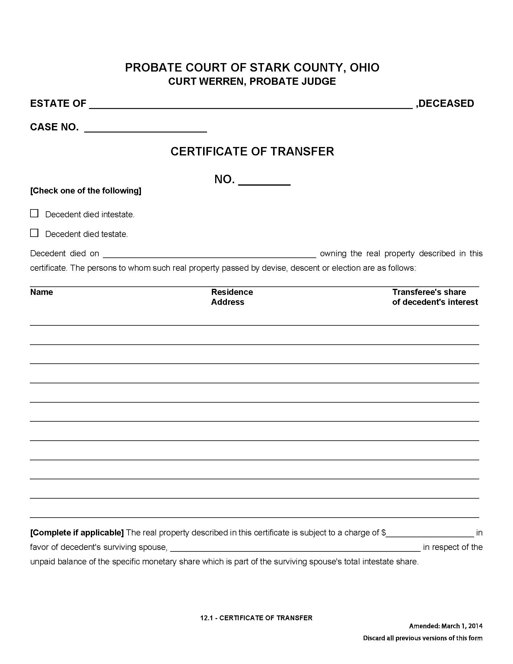 Certificate Of Transfer {12.1} | Pdf Fpdf Doc Docx | Ohio