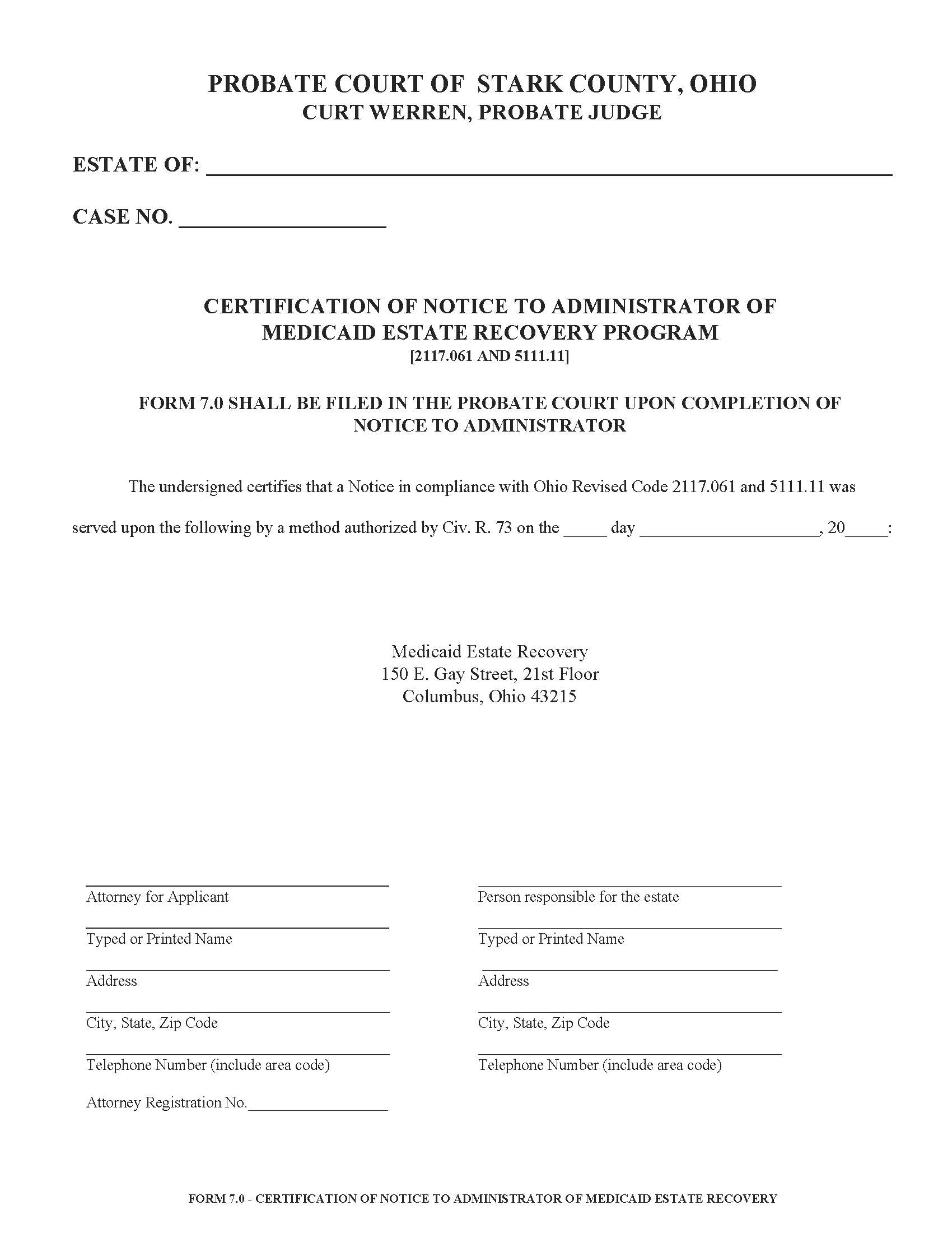Certification Of Notice To Administrator Of Medicaid Estate Recovery Program {7.0} | Pdf Fpdf Doc Docx | Ohio