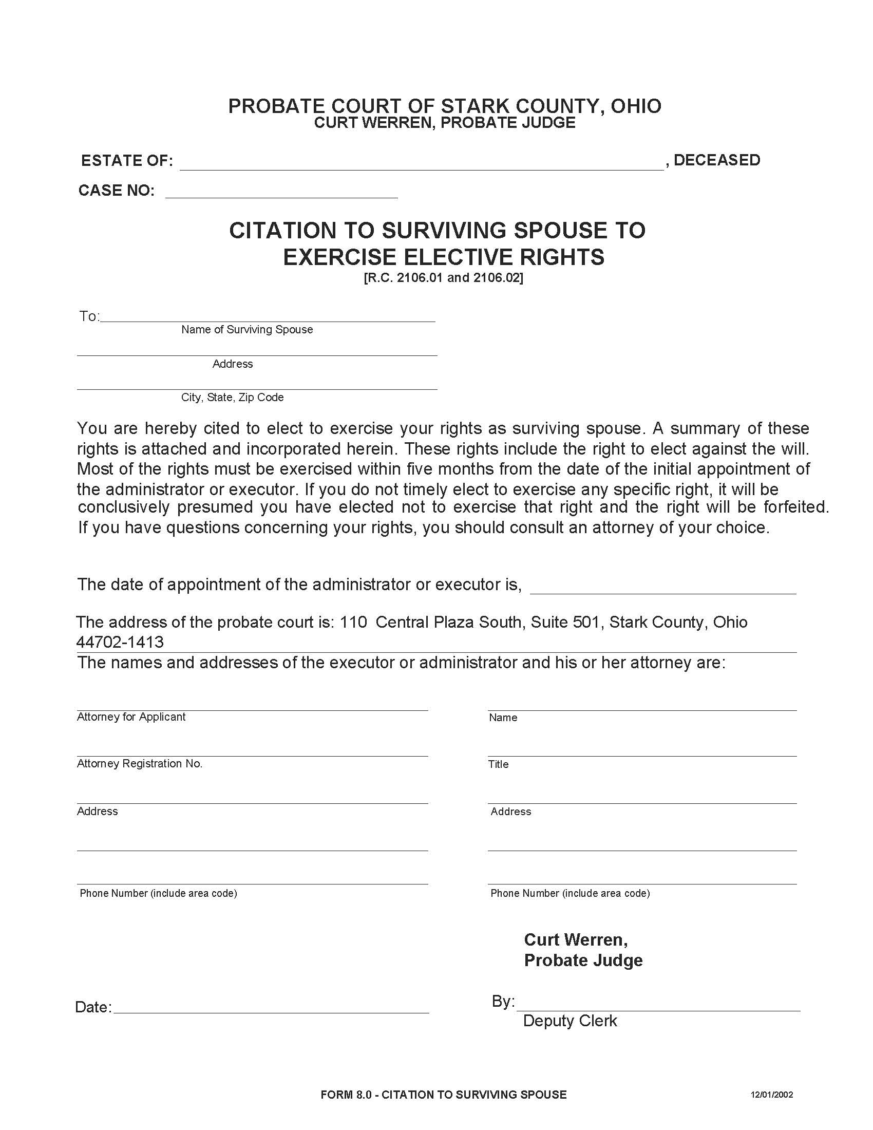Citation To Surviving Spouse To Exercise Elective Rights {8.0} | Pdf Fpdf Doc Docx | Ohio