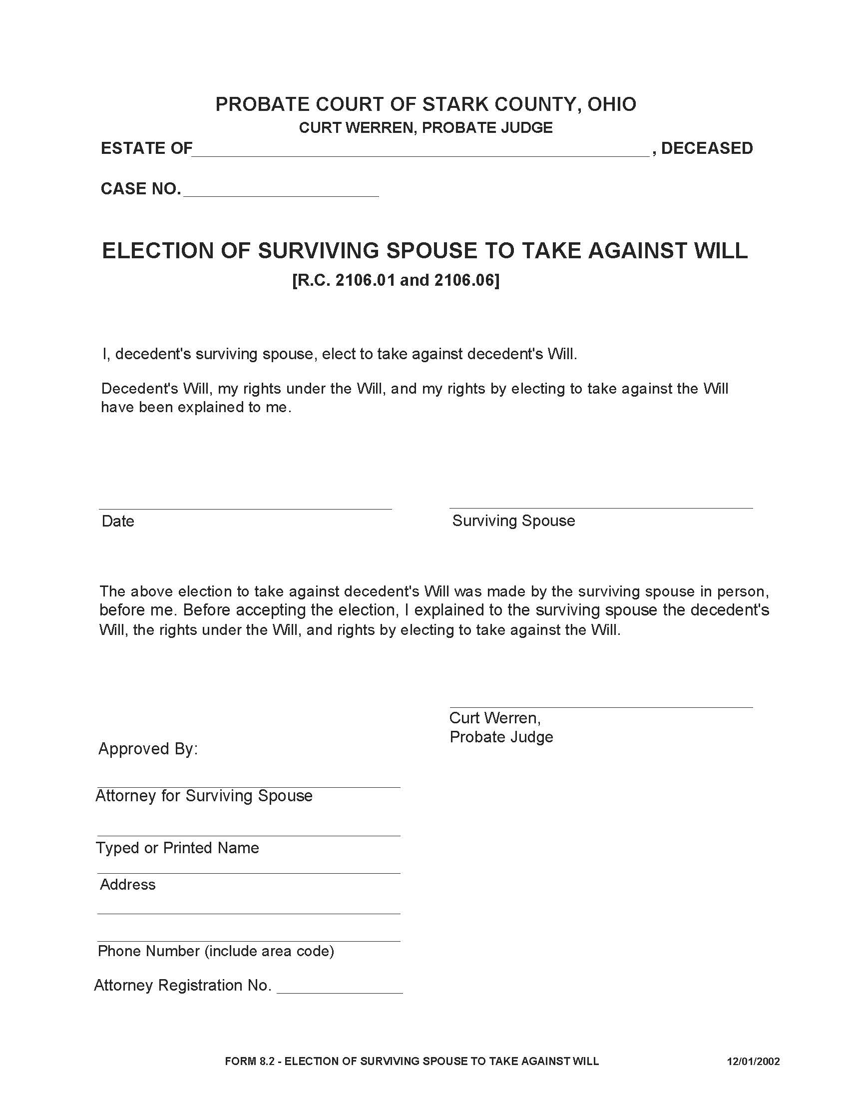 Election Of Surviving Spouse To Take Against Will {8.2} | Pdf Fpdf Doc Docx | Ohio