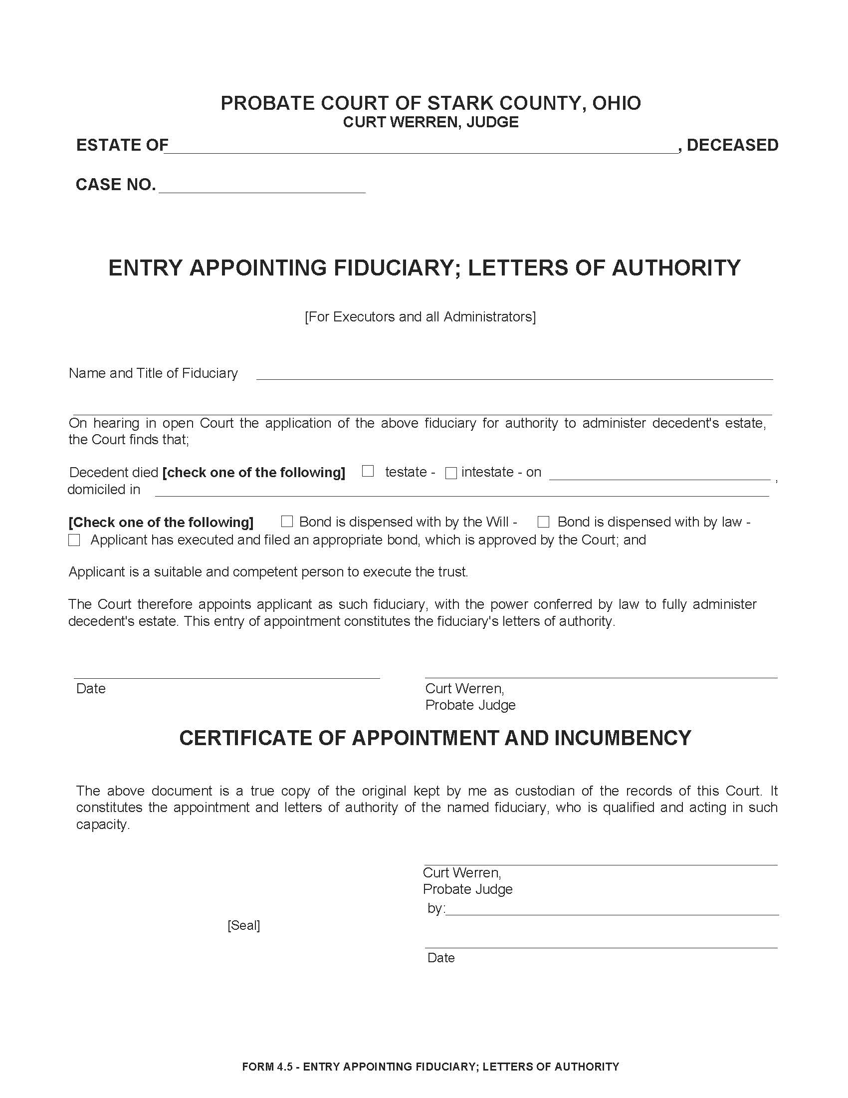 Entry Appointing Fiduciary Letters Of Authority {4.5} | Pdf Fpdf Doc Docx | Ohio