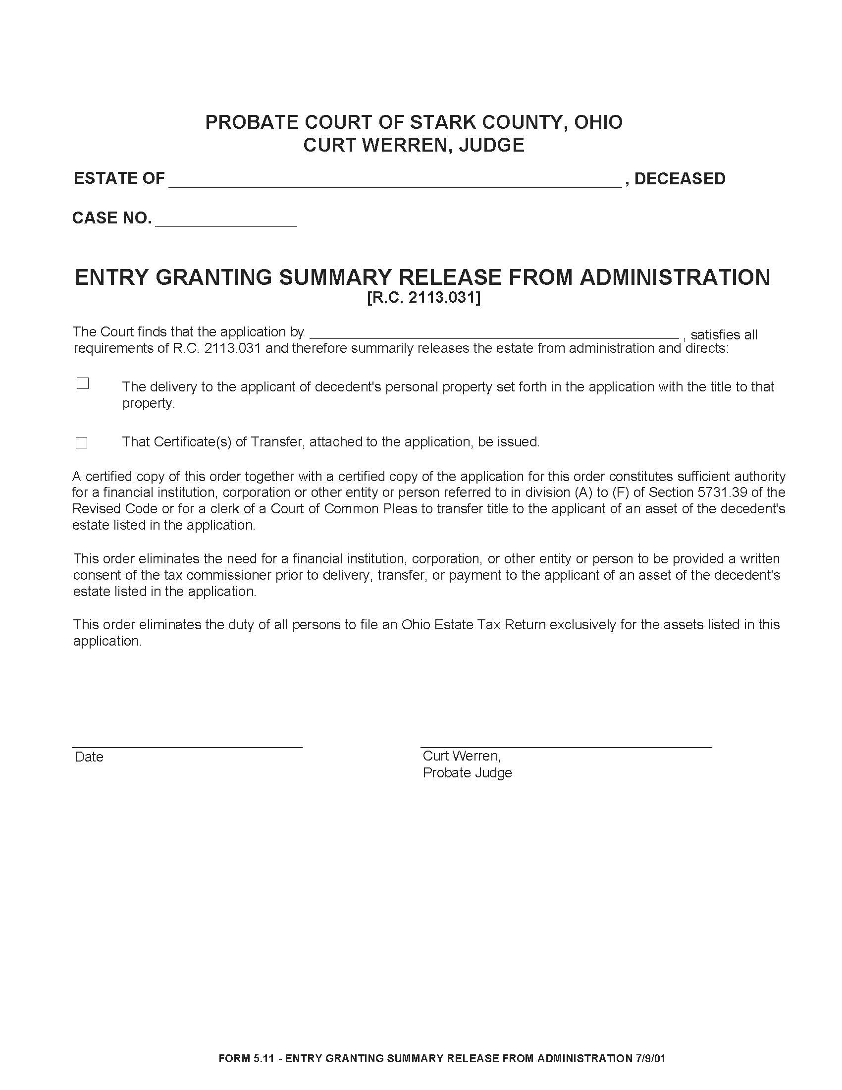 Entry Granting Summary Release From Administration {5.11} | Pdf Fpdf Doc Docx | Ohio