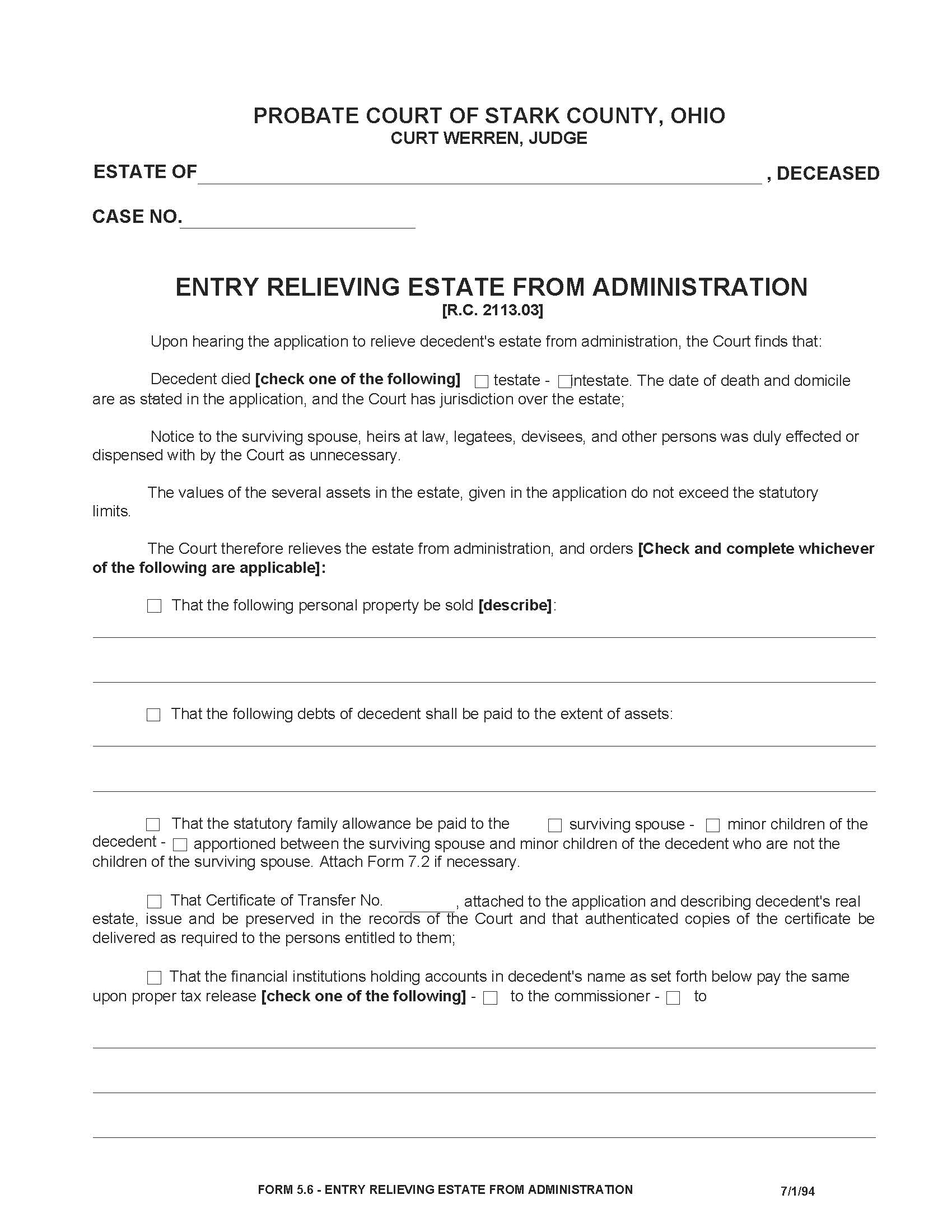 Entry Relieving Estate From Administration {5.6} | Pdf Fpdf Doc Docx | Ohio