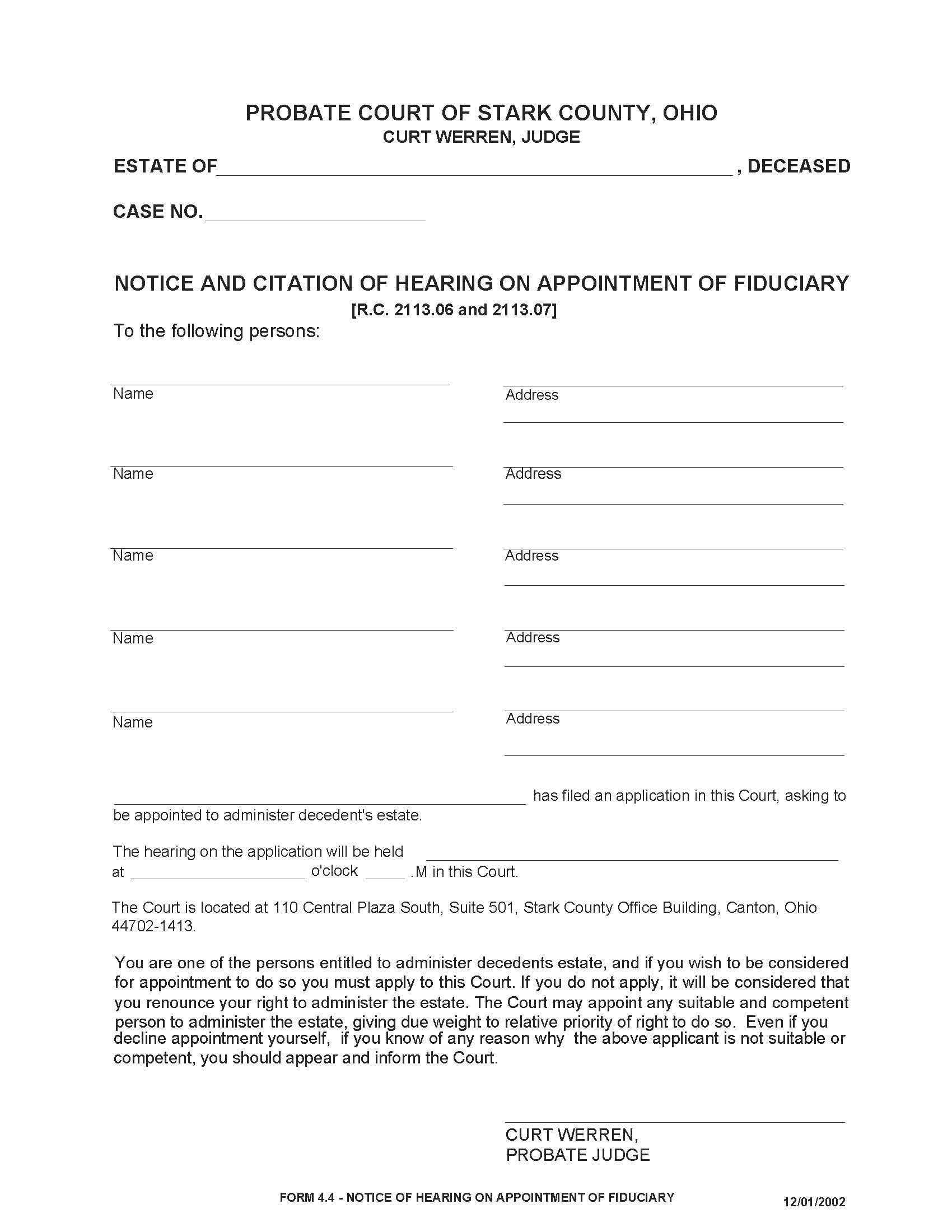 Notice And Citaiton Of Hearing On Appointment Of Fiduciary {4.4} | Pdf Fpdf Doc Docx | Ohio