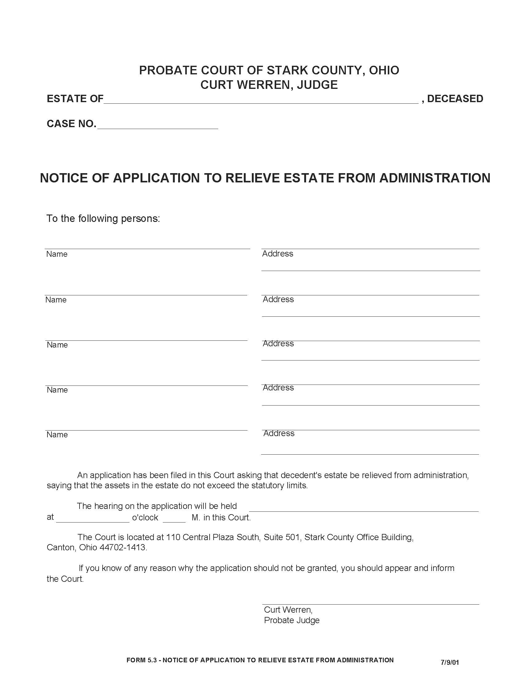 Notice Of Application To Relieve Estate From Administration {5.3} | Pdf Fpdf Doc Docx | Ohio