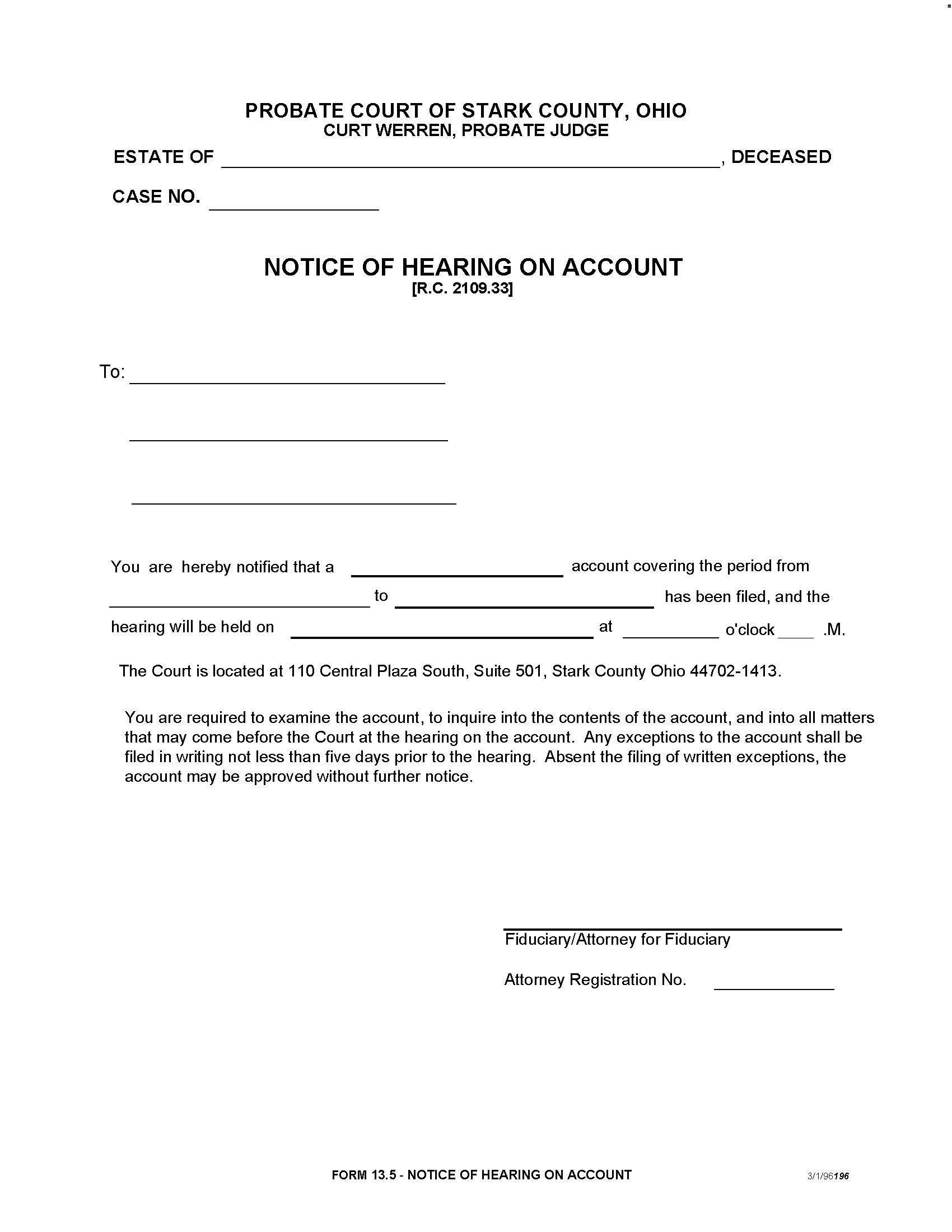 Notice Of Hearing On Account {13.5} | Pdf Fpdf Doc Docx | Ohio