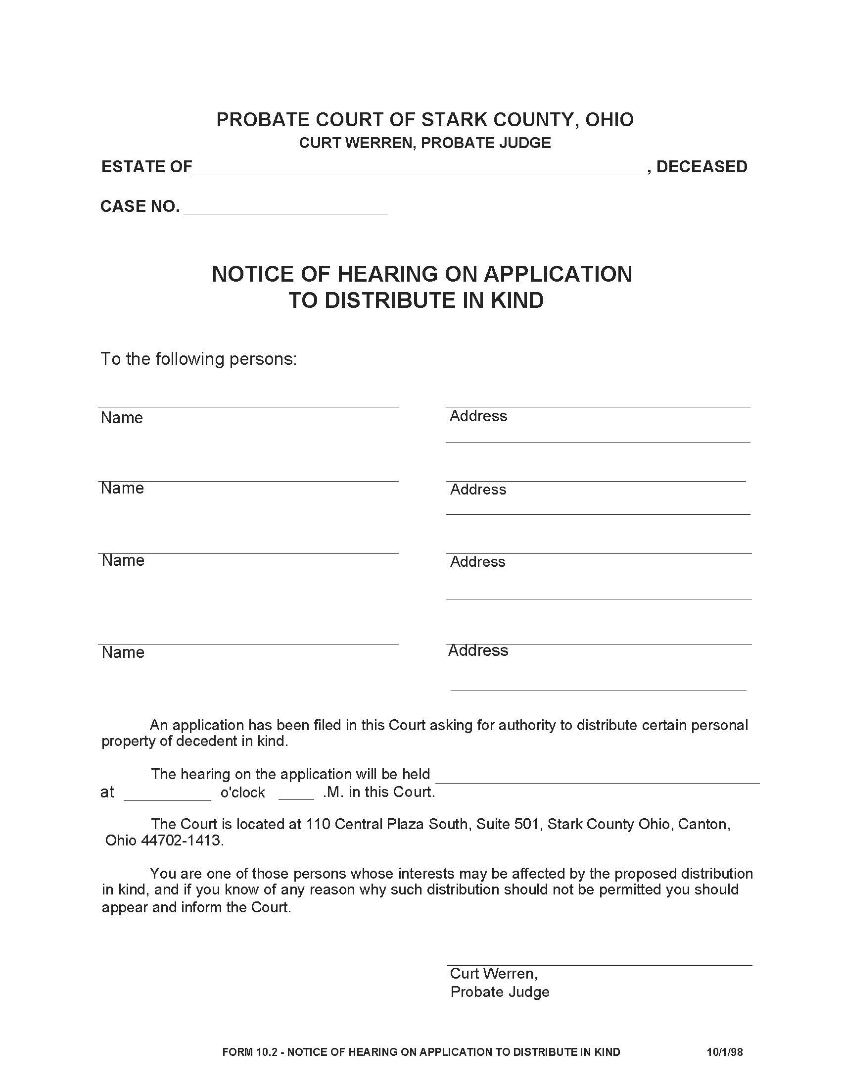 Notice Of Hearing On Application To Distribute In Kind {10.2} | Pdf Fpdf Doc Docx | Ohio