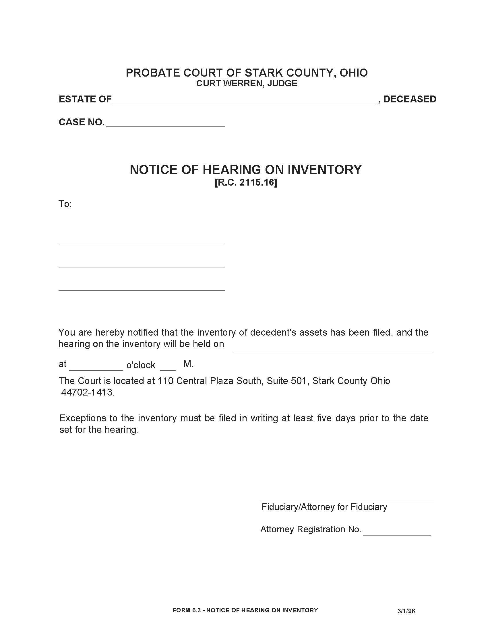 Notice Of Hearing On Inventory {6.3} | Pdf Fpdf Doc Docx | Ohio