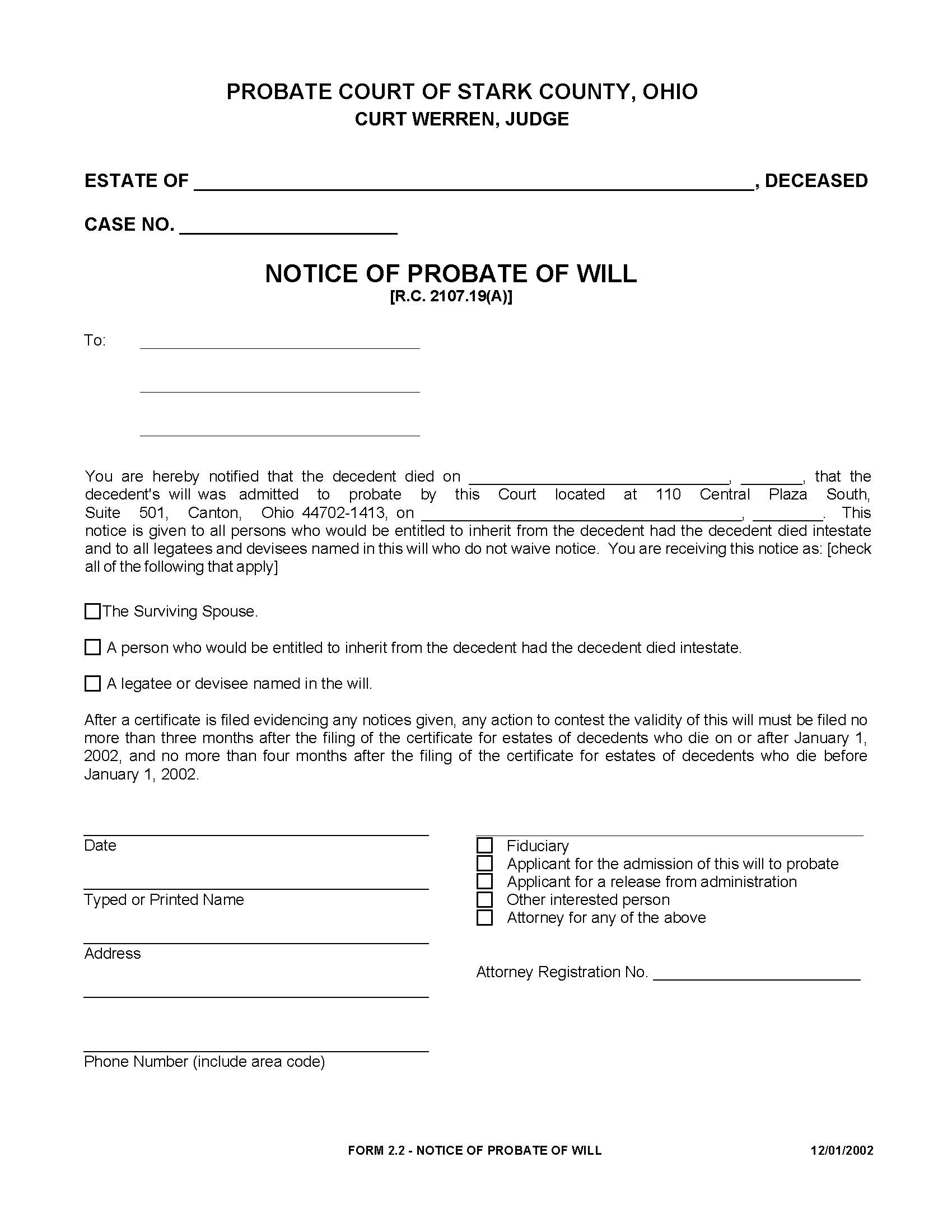 Notice Of Probate Of Will {2.2} | Pdf Fpdf Doc Docx | Ohio