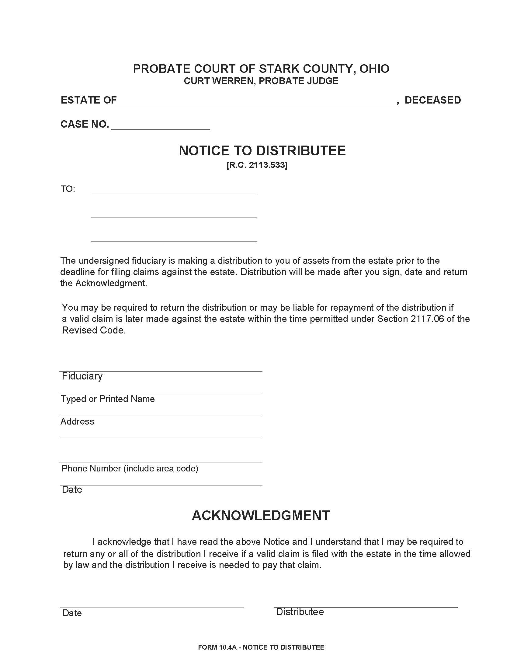 Notice To Distributee {10.4A} | Pdf Fpdf Doc Docx | Ohio