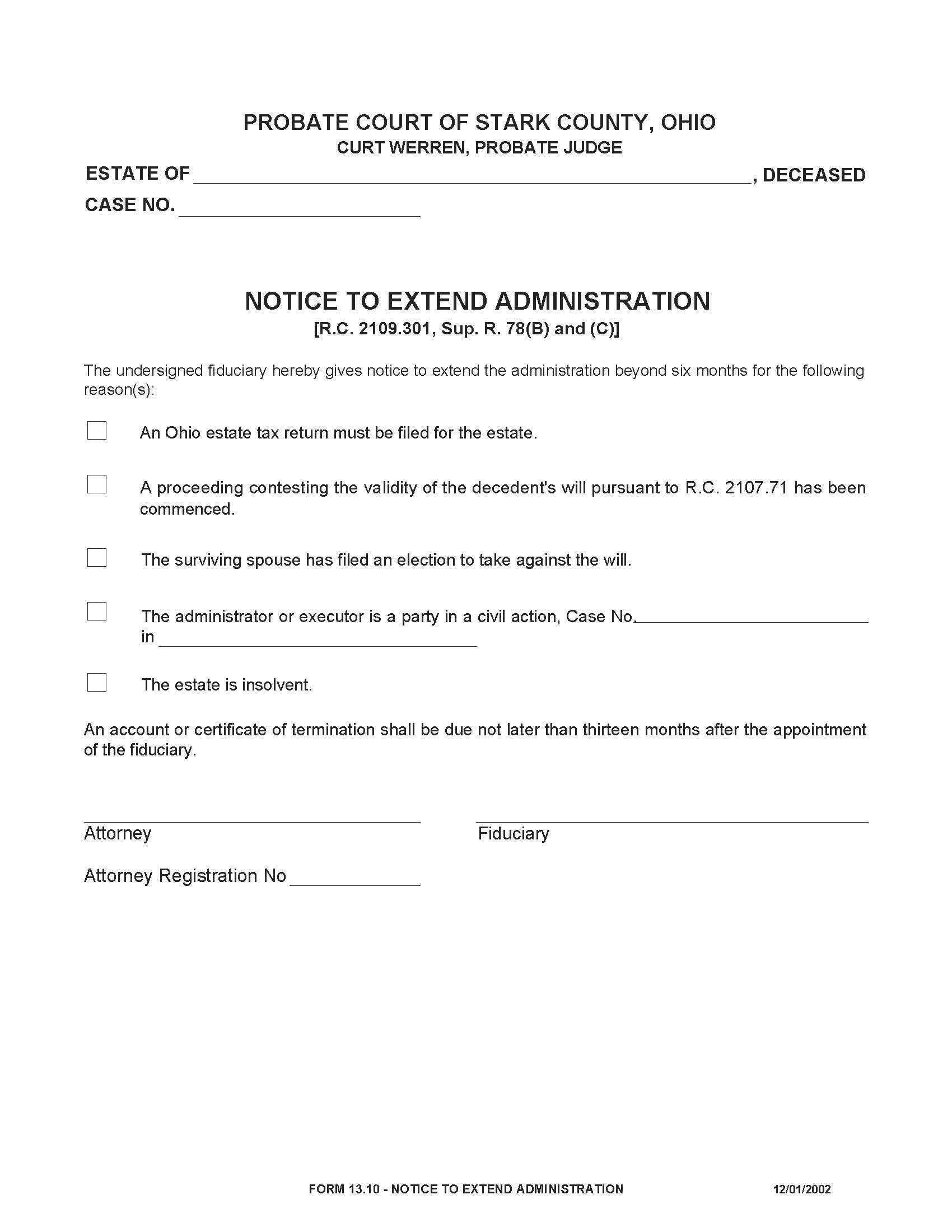 Notice To Extend Administration {13.10} | Pdf Fpdf Doc Docx | Ohio