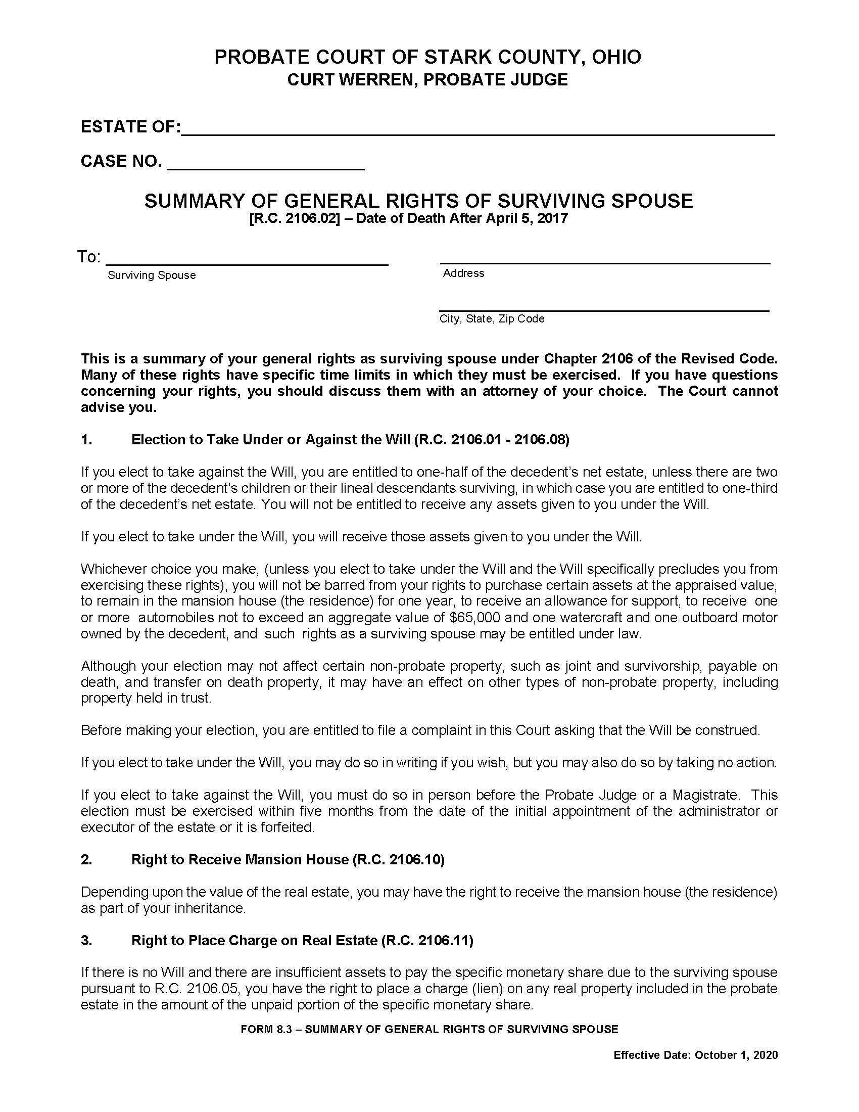 Summary Of General Rights Of Surviving Spouse {8.3} | Pdf Fpdf Docx | Ohio