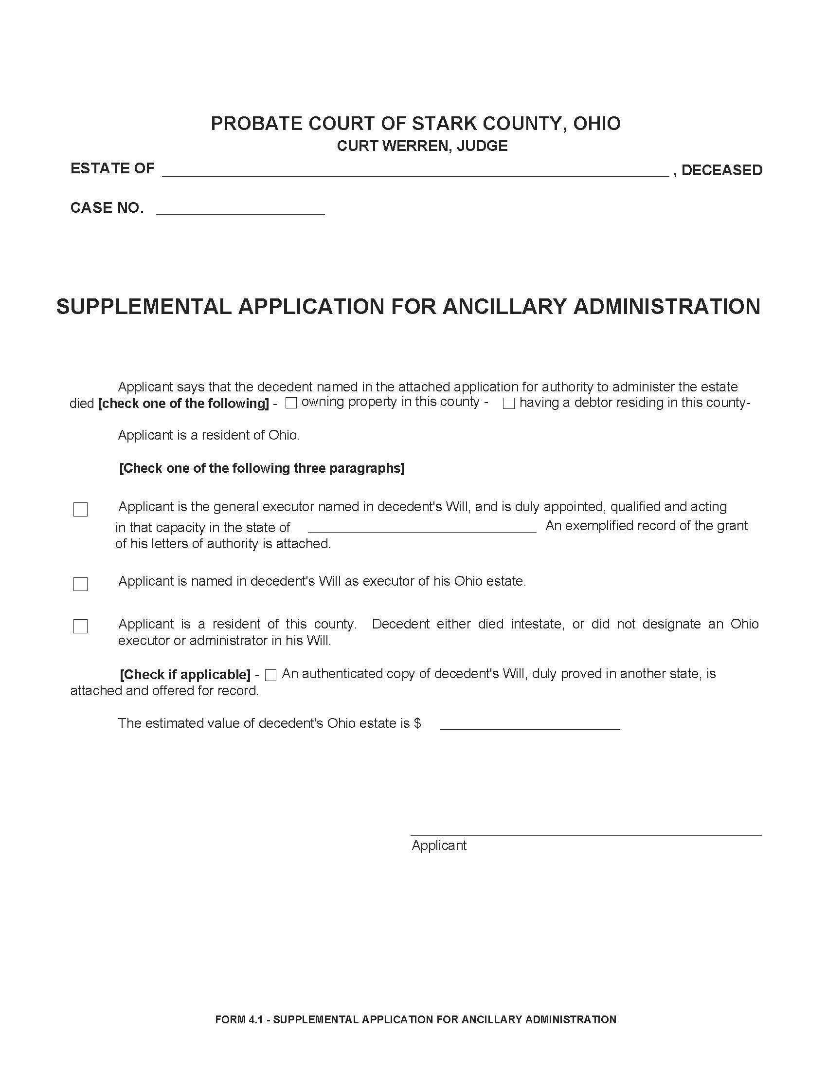 Supplemental Application For Ancillary Administration {4.1} | Pdf Fpdf Doc Docx | Ohio