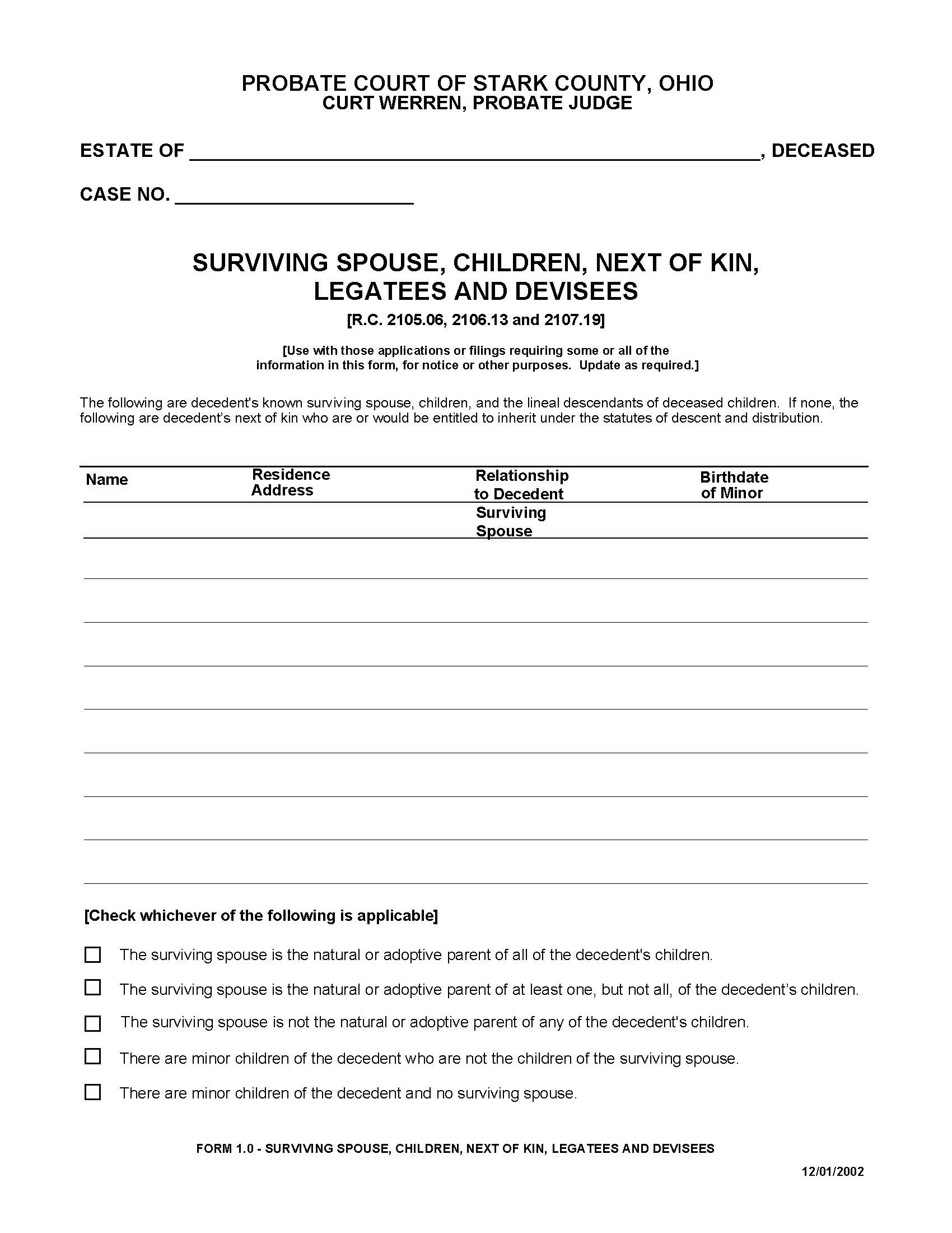 Surviving Spouse Next Of Kin Legatees And Devisees {1.0} | Pdf Fpdf Doc Docx | Ohio