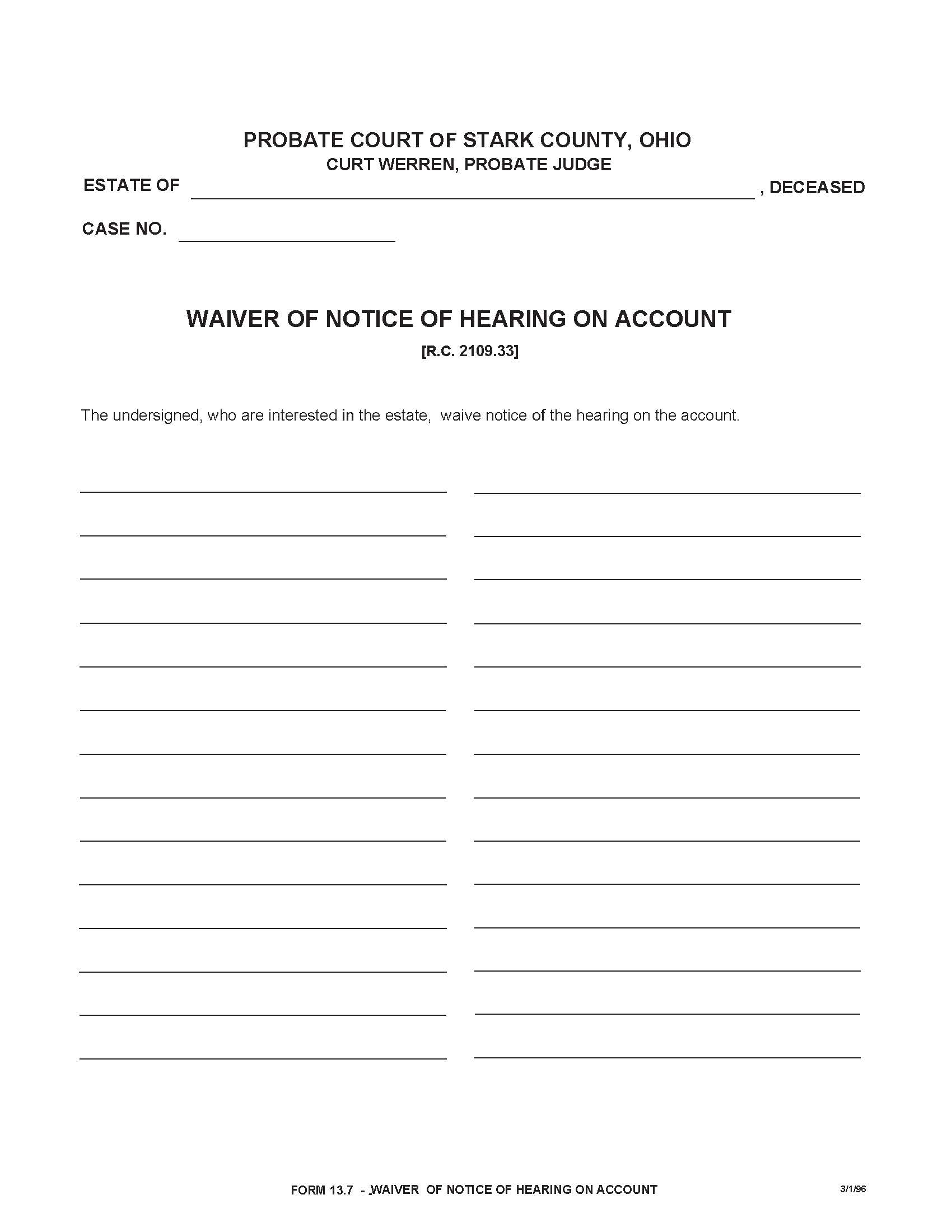 Waiver Of Notice Of Hearing On Account {13.7} | Pdf Fpdf Doc Docx | Ohio