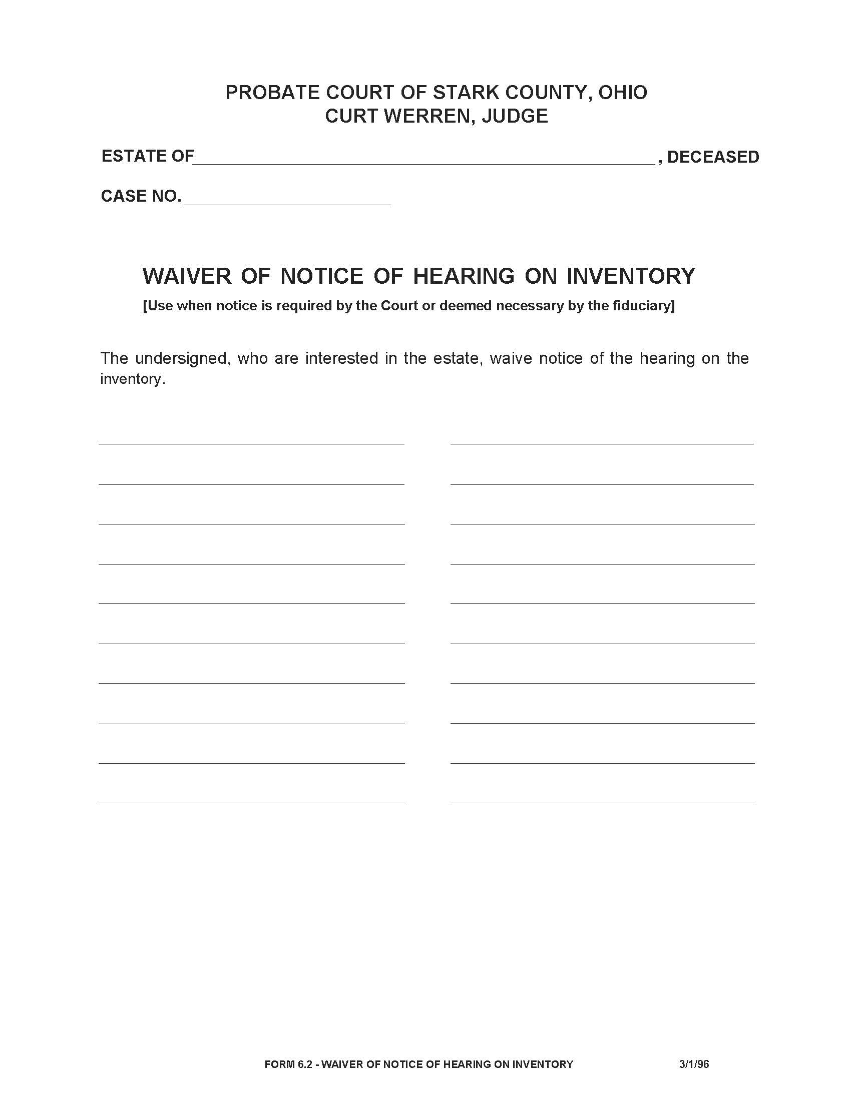 Waiver Of Notice Of Hearing On Inventory {6.2} | Pdf Fpdf Doc Docx | Ohio