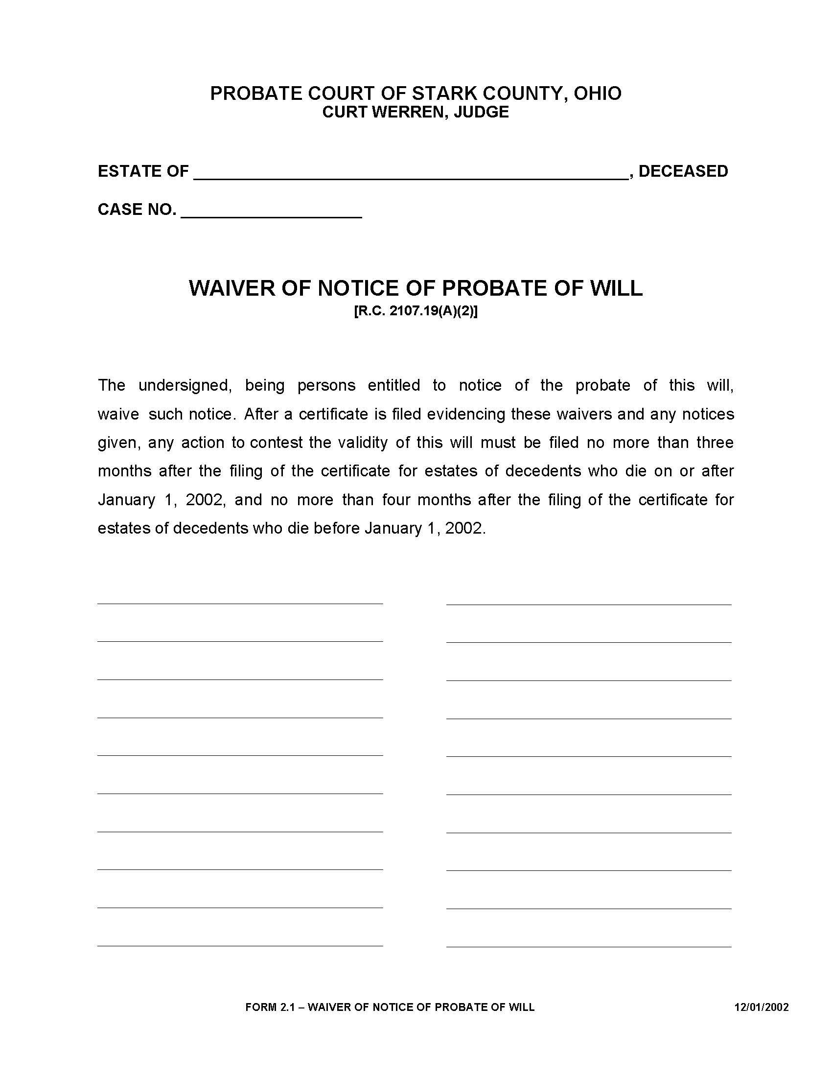 Waiver Of Notice Of Probate Of Will {2.1} | Pdf Fpdf Doc Docx | Ohio