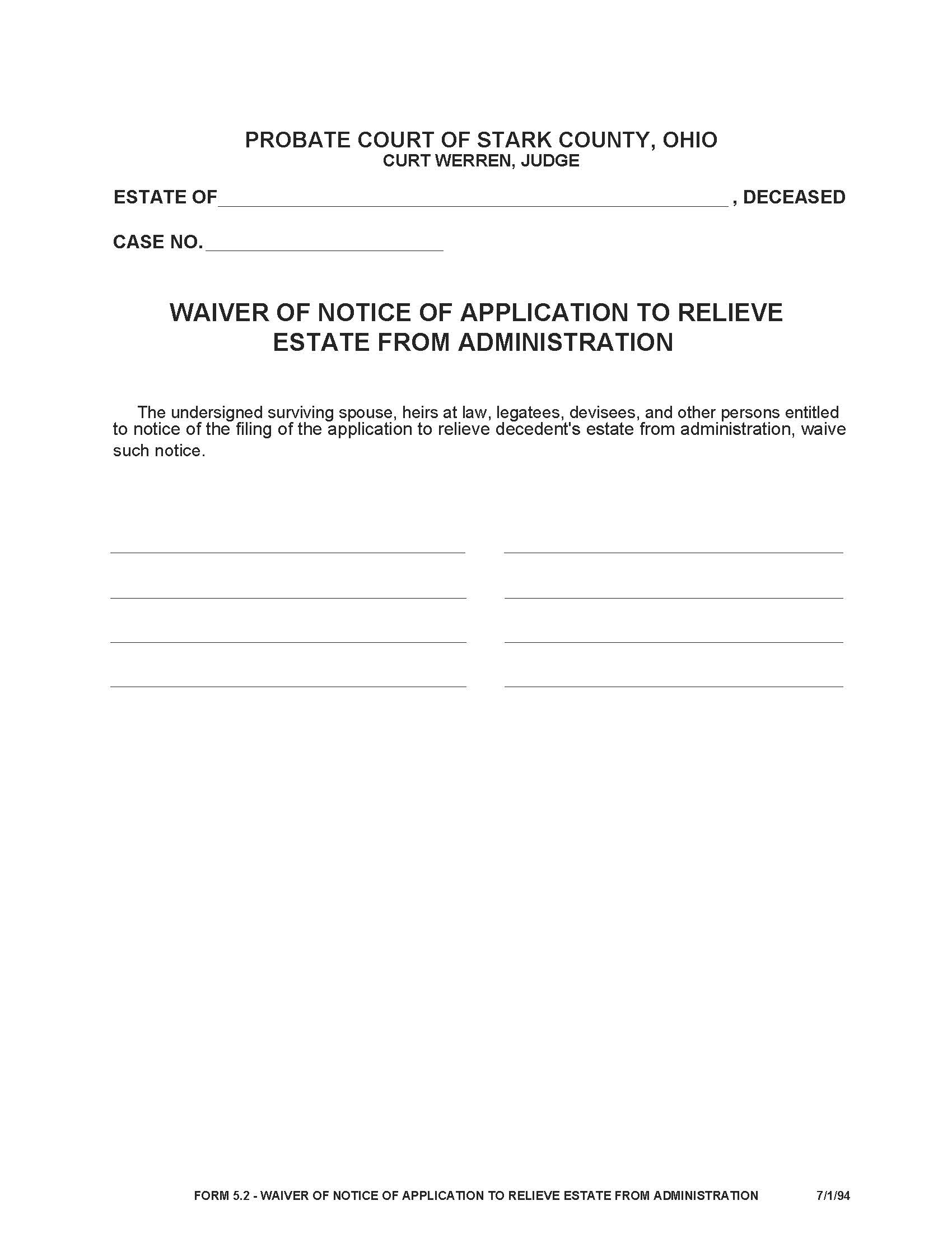 Waiver Of Notice To Relieve Estate From Administration {5.2} | Pdf Fpdf Doc Docx | Ohio