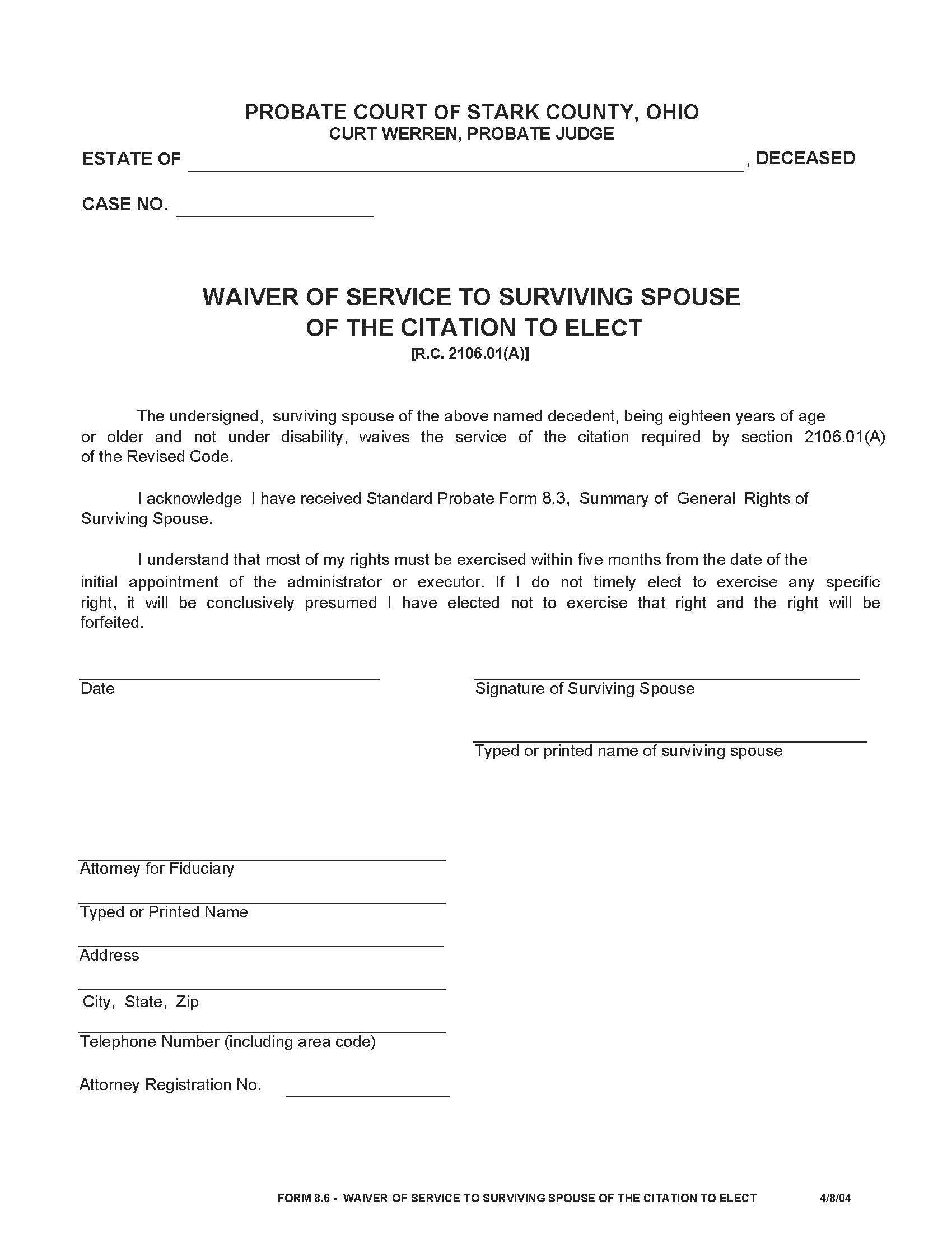 Waiver Of Service To Surviving Spouse Of The Citation To Elect (Stark) {8.6} | Pdf Fpdf Doc Docx | Ohio