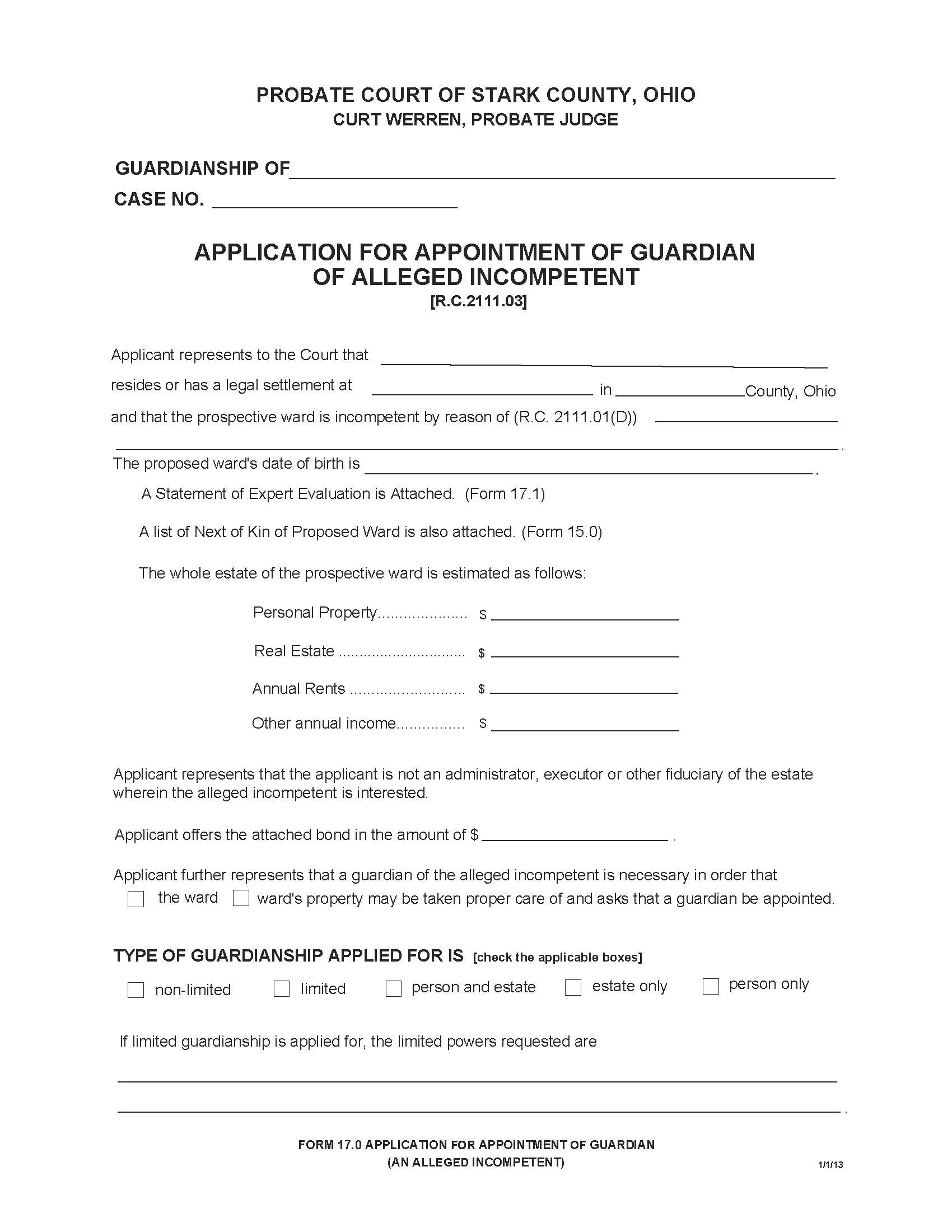Application For Appointment Of Guardian Of Alleged Incompetent {17.0} | Pdf Fpdf Doc Docx | Ohio