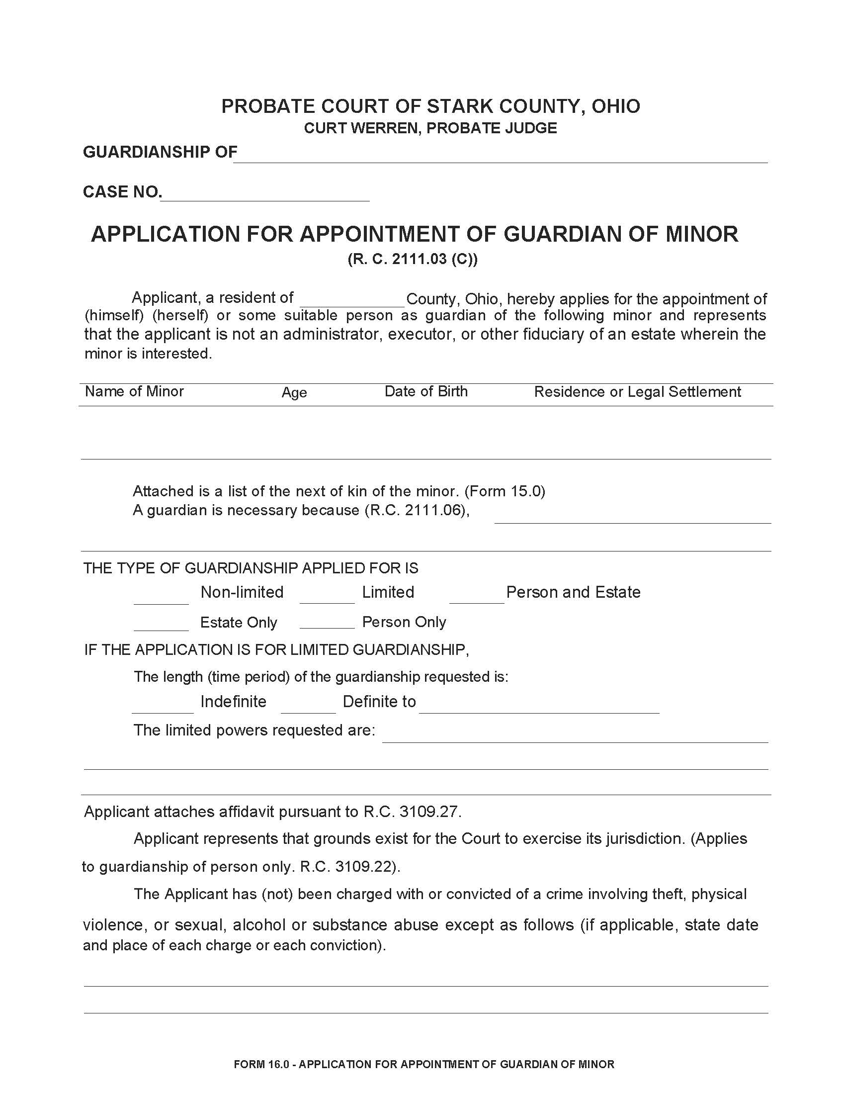 Application For Appointment Of Guardian Of Minor {16.0} | Pdf Fpdf Doc Docx | Ohio