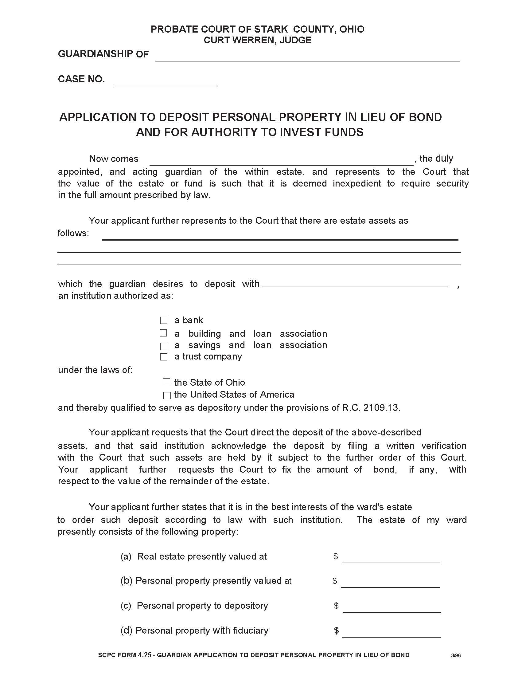 Application To Deposit Personal Property In Lieu Of Bond And For Authority To Invest Funds {4.25} | Pdf Fpdf Doc Docx | Ohio