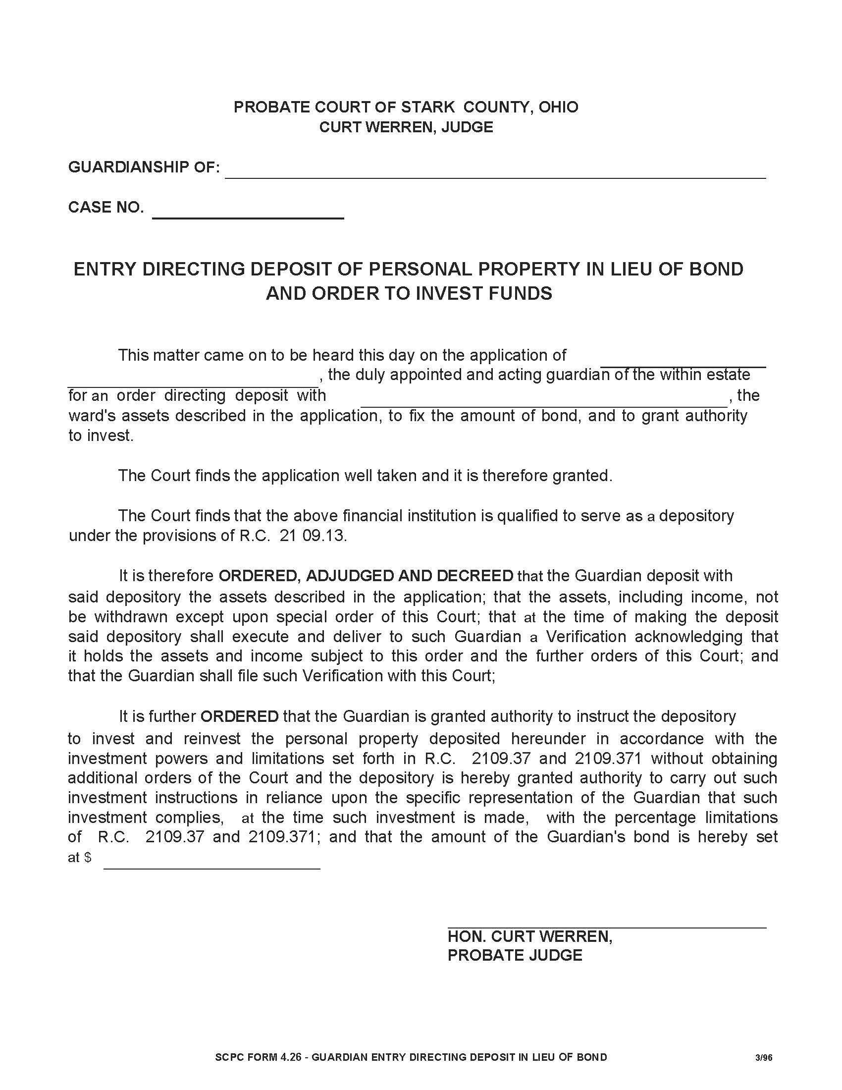Entry Directing Deposit Of Personal Property In Lieu Of Bond And Order To Invest Funds {4.26} | Pdf Fpdf Doc Docx | Ohio