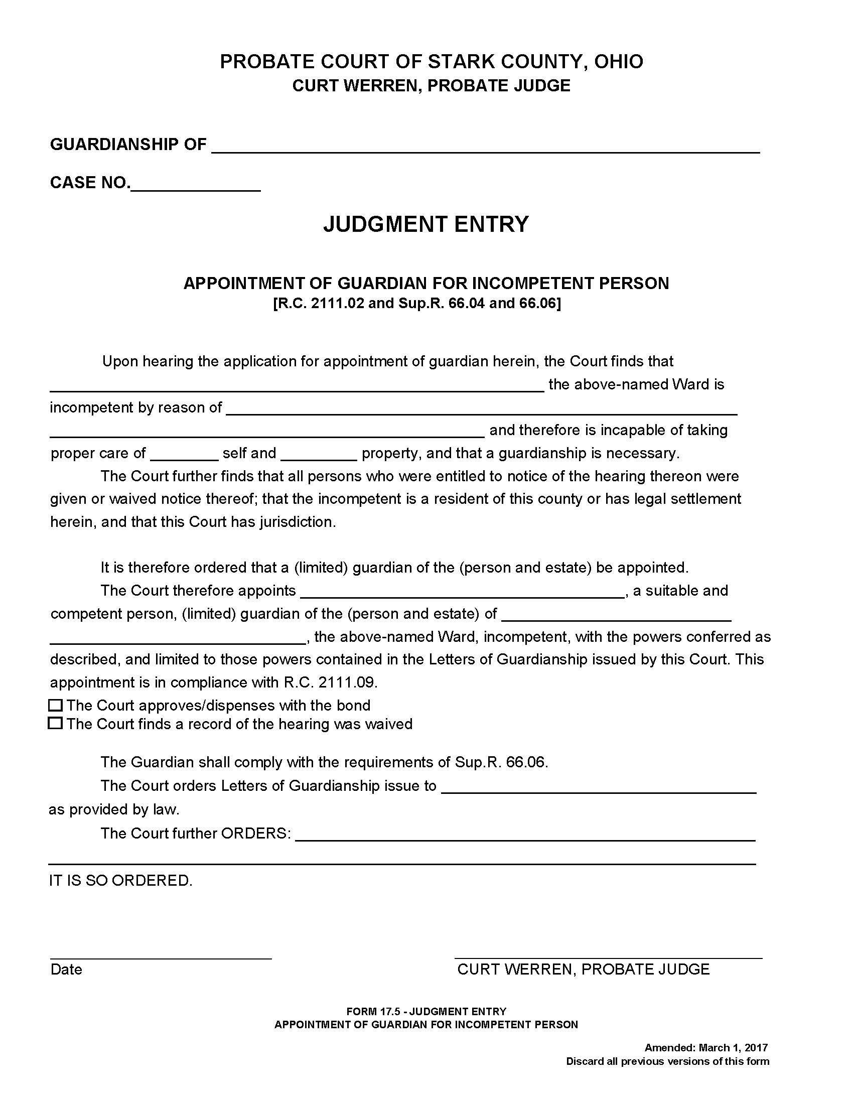 Judgment Entry Of Appointment Of Guardian For Incompetent {17.5} | Pdf Fpdf Doc Docx | Ohio