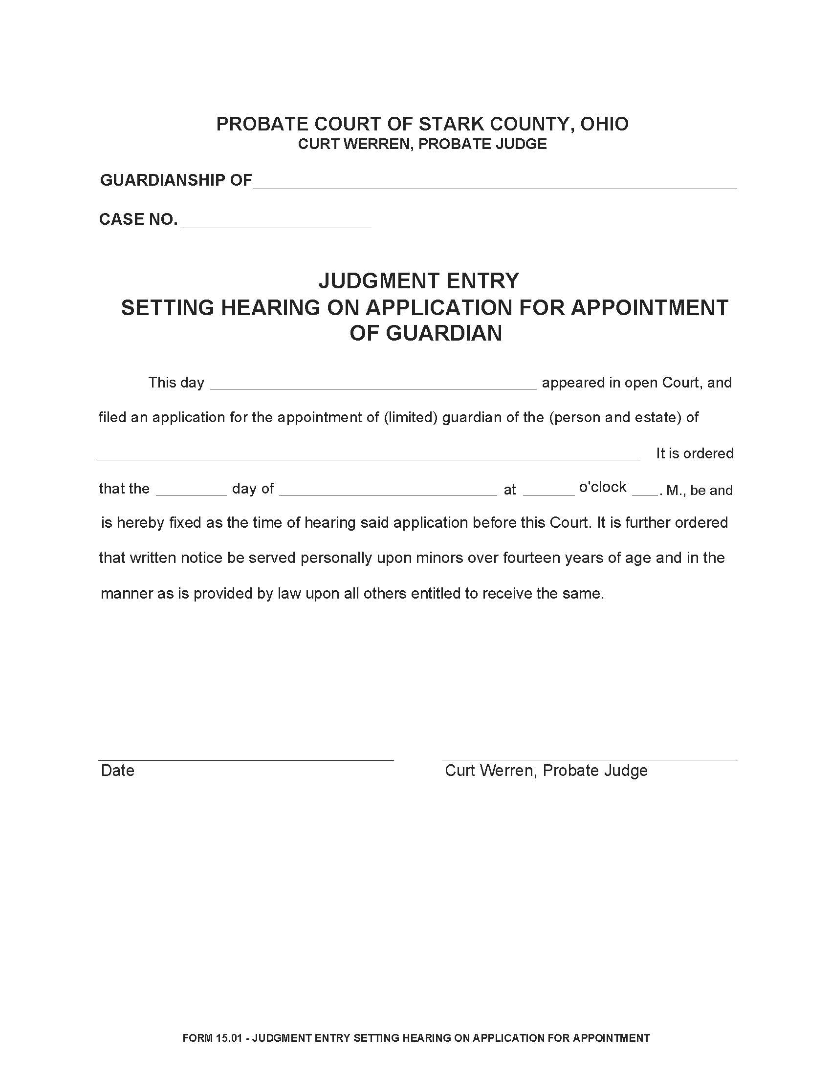Judgment Entry Setting Hearing On Application For Appointment Of Guardian {15.01} | Pdf Fpdf Doc Docx | Ohio
