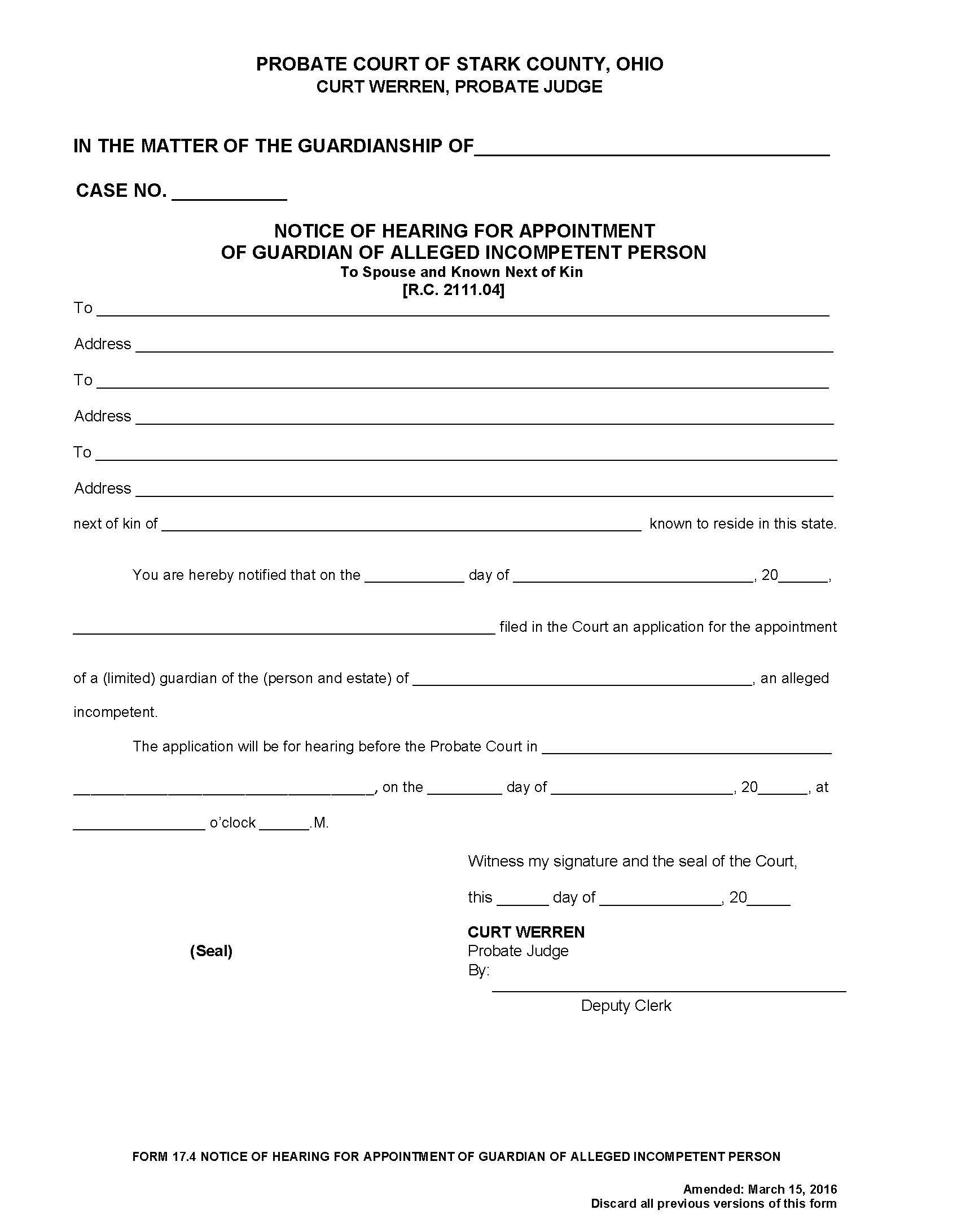 Notice Of Hearing For Appointment Of Guardian Of Alleged Incompetent Person {17.4} | Pdf Fpdf Doc Docx | Ohio