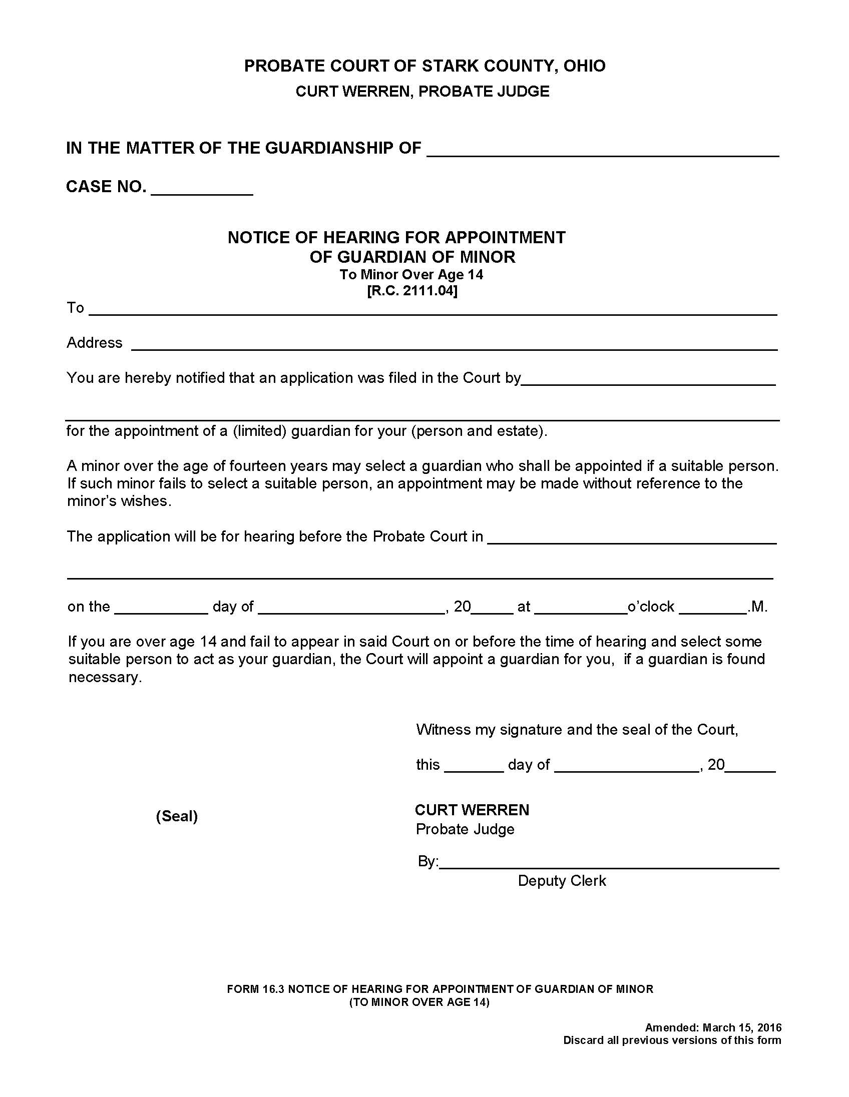 Notice Of Hearing For Appointment Of Guardian Of Minor To Minor Over Age 14 {16.3} | Pdf Fpdf Doc Docx | Ohio