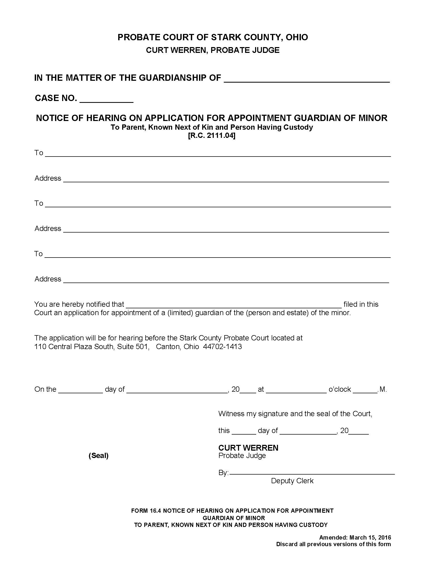 Notice Of Hearing On Application For Appointment Guardian Of Minor {16.4} | Pdf Fpdf Doc Docx | Ohio