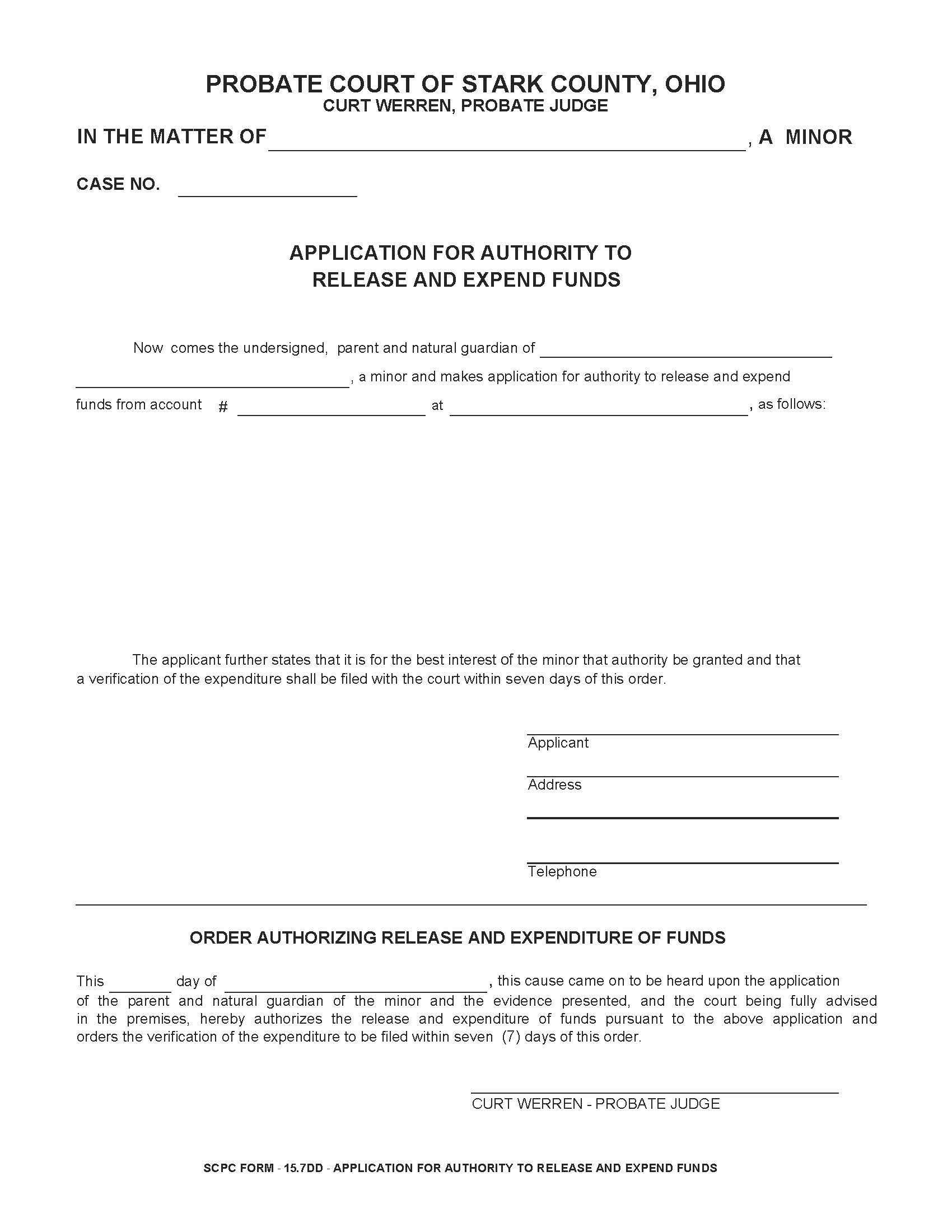 Application For Authority To Release And Expend Funds {15.7DD} | Pdf Fpdf Doc Docx | Ohio