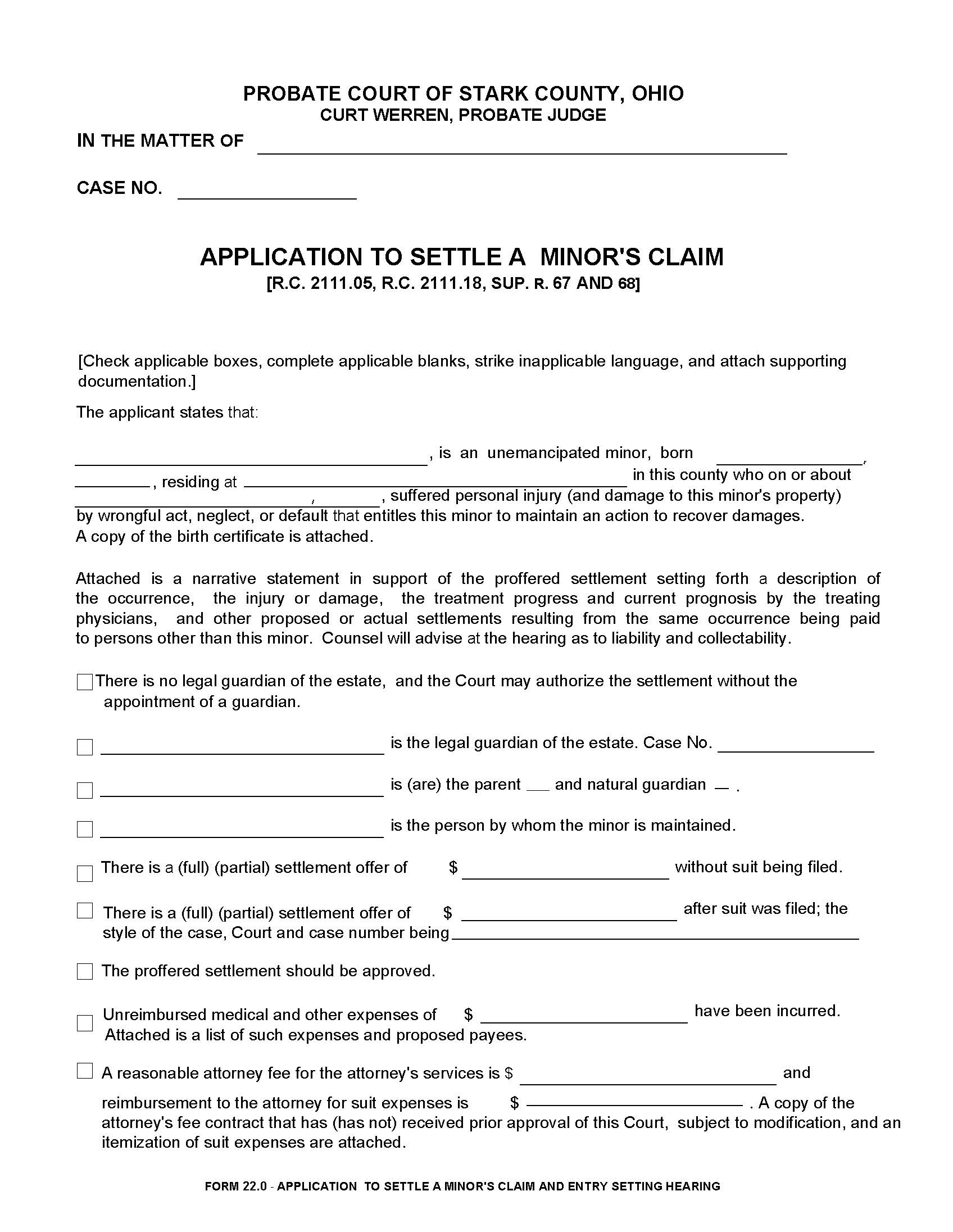 Application To Settle A Minors Claim {22.0} | Pdf Fpdf Doc Docx | Ohio
