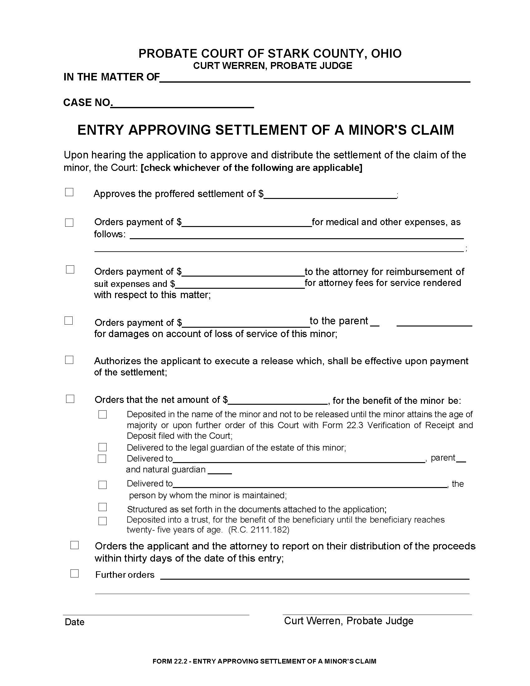 Entry Approving Settlement Of A Minors Claim (Stark) {22.2} | Pdf Fpdf Doc Docx | Ohio