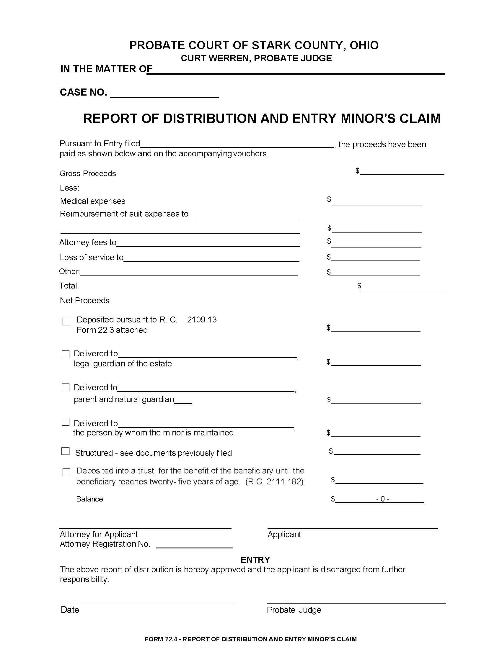 Report Of Distribution And Entry Minors Claim (Stark) {22.4} | Pdf Fpdf Doc Docx | Ohio