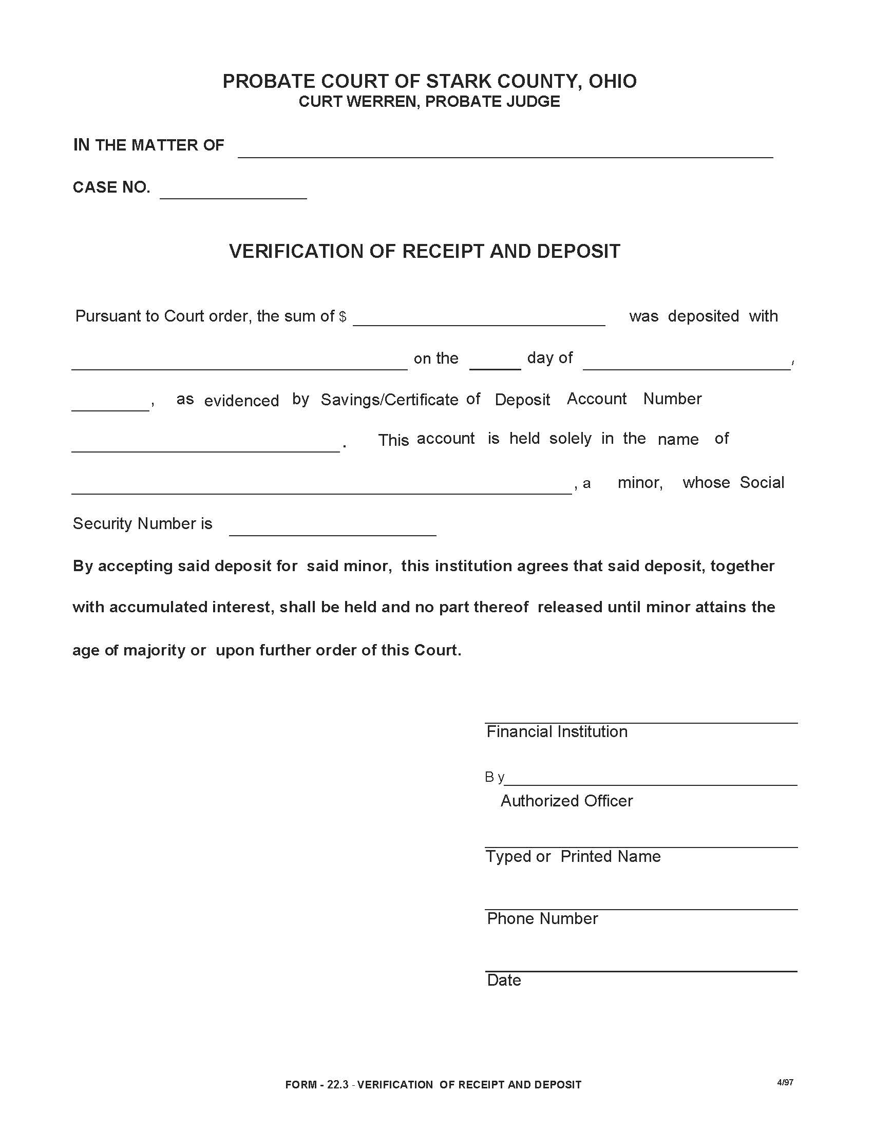 Verification Of Receipt And Deposit {22.3} | Pdf Fpdf Doc Docx | Ohio