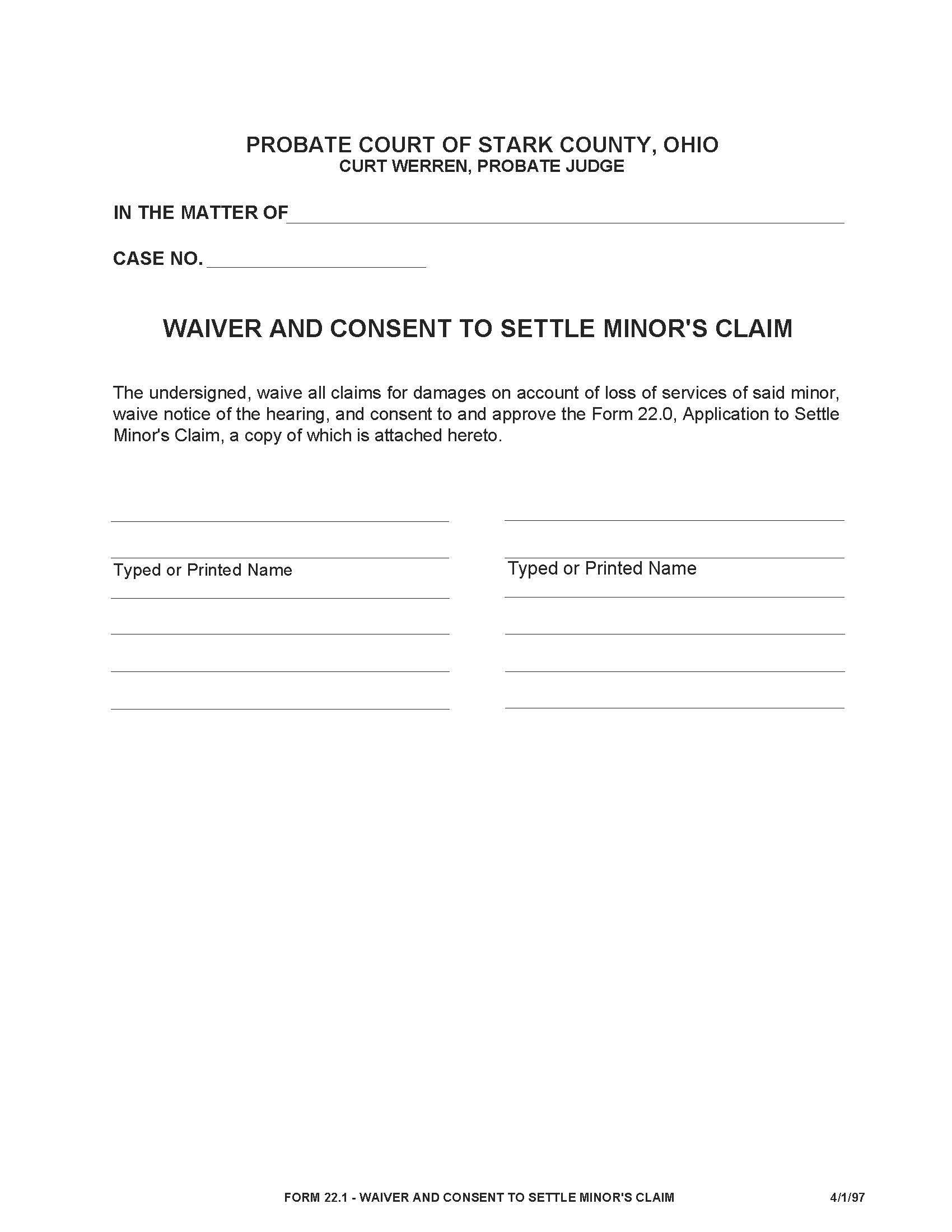 Waiver And Consent To Settle Minors Claim (Stark) {22.1} | Pdf Fpdf Doc Docx | Ohio