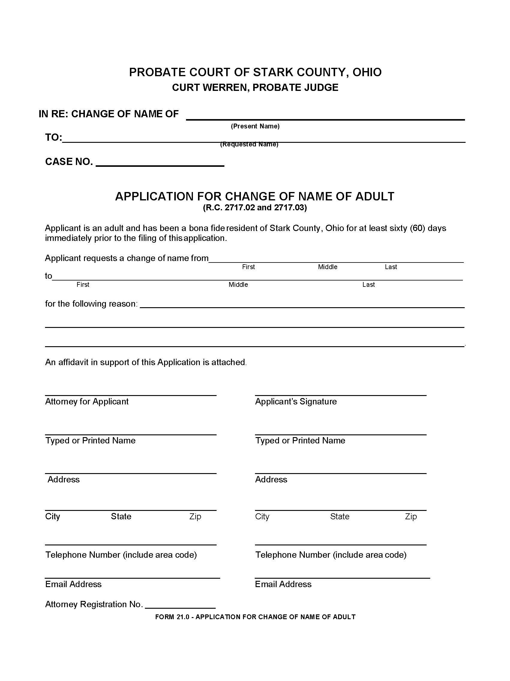 Application For Change Of Name Of Adult {21.0} | Pdf Fpdf Doc Docx | Ohio