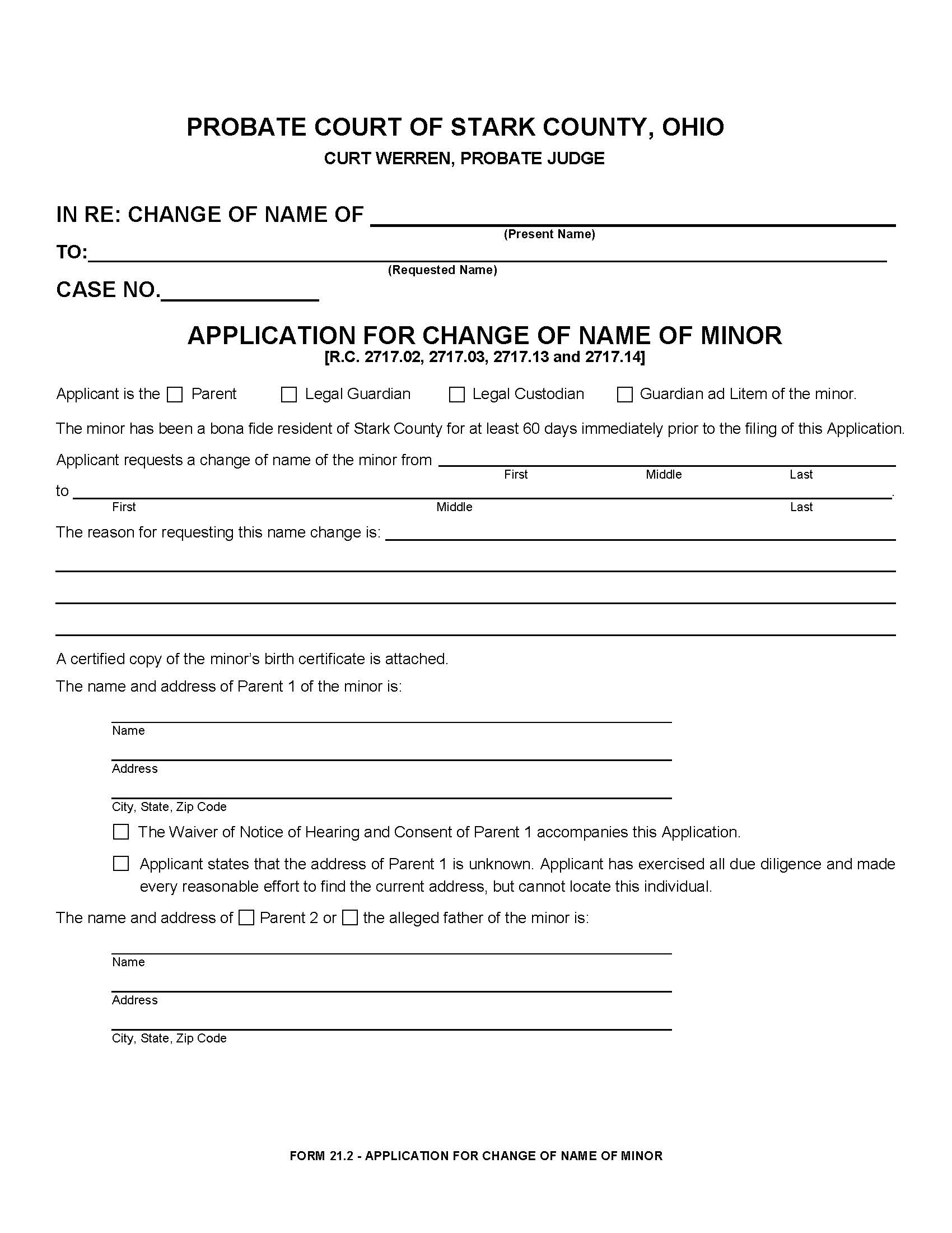 Application For Change Of Name Of Minor {21.2} | Pdf Fpdf Doc Docx | Ohio